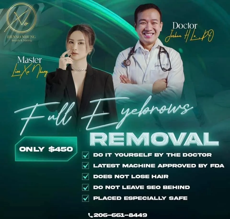 A promotional poster for a full eyelash removal service priced at $450. It features a woman with long eyelashes on the left and a smiling male doctor in a white coat with a stethoscope on the right. The text highlights do-it-yourself removal, FDA approval, hair retention, no SEO left behind, and safety features.