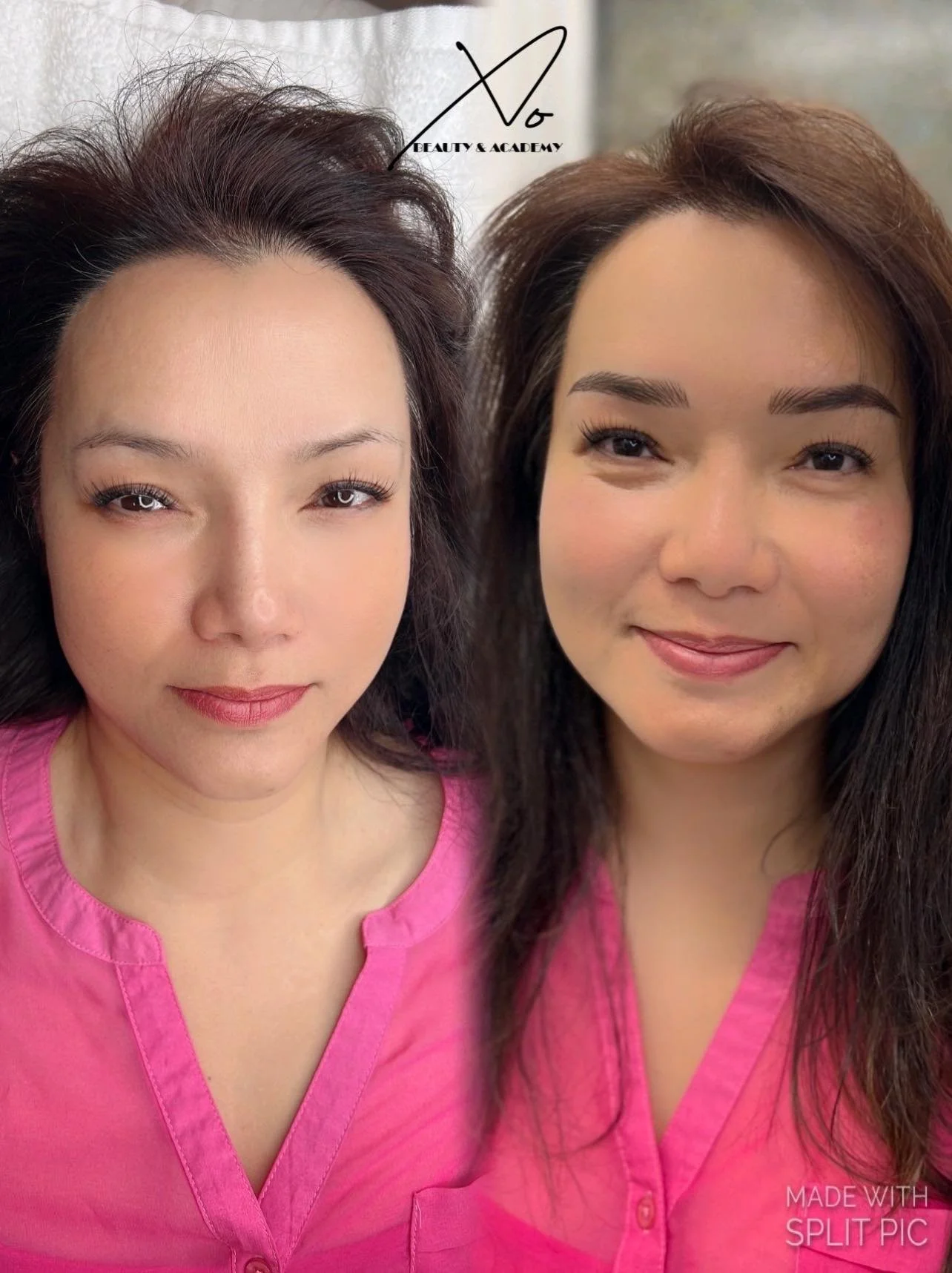Two women with long brown hair, wearing pink tops, smiling for a photo in front of a light background, with a logo in the top left corner.