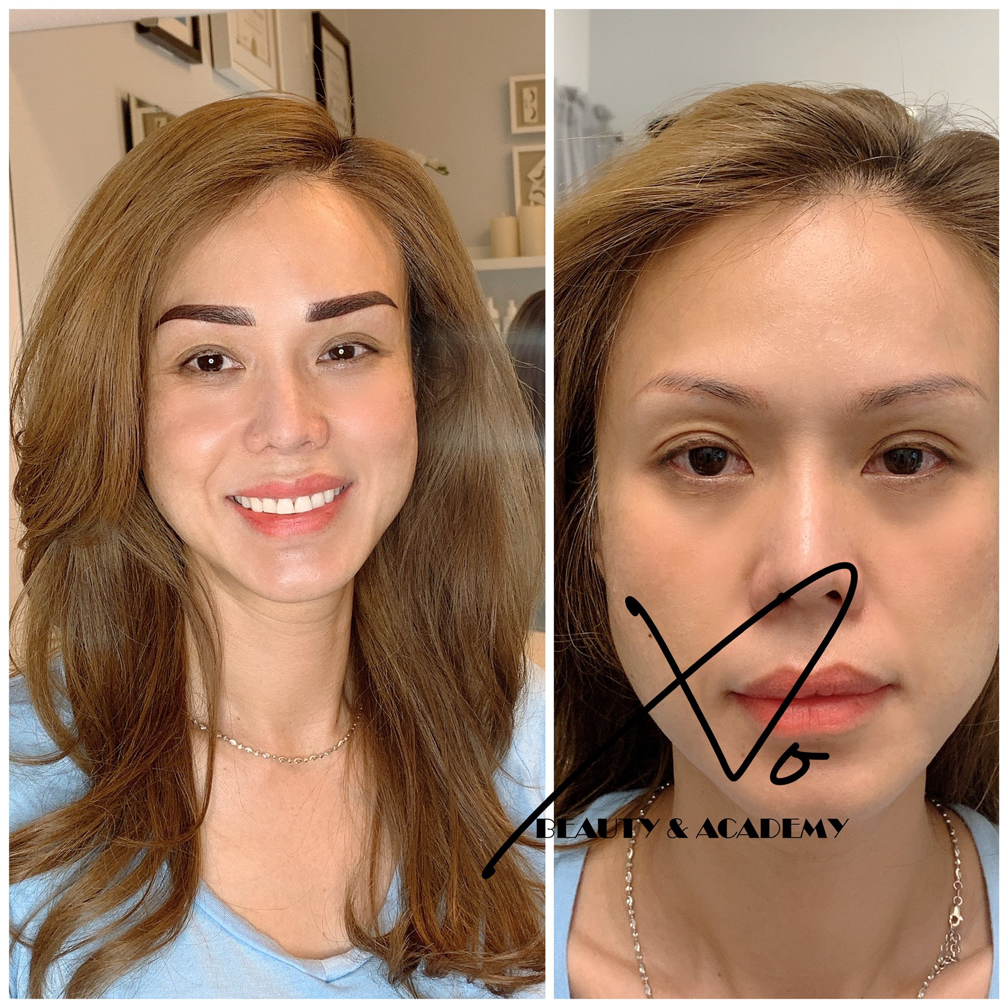 Before and after photos showing a woman with minimal makeup and a woman with bold makeup, both wearing a light blue top, with the logo 'Beauty & Academy' overlaid on the second image.