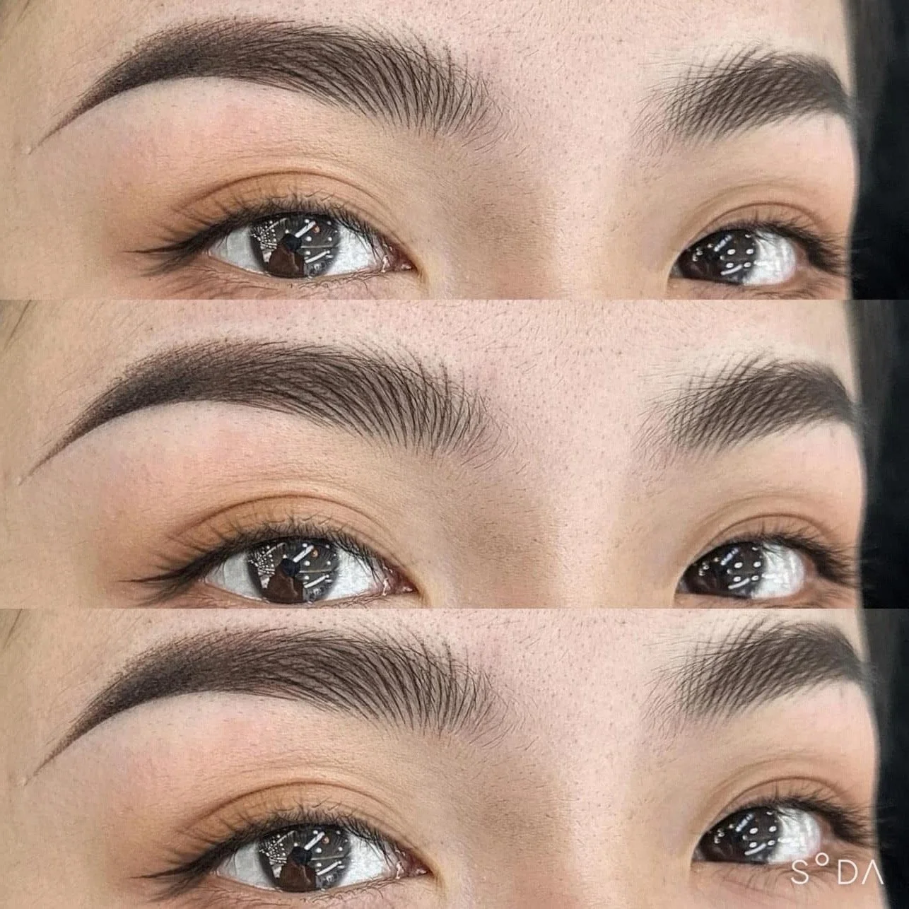 Close-up images of eyebrows and eyes, showing before and after eyebrow grooming and makeup application.