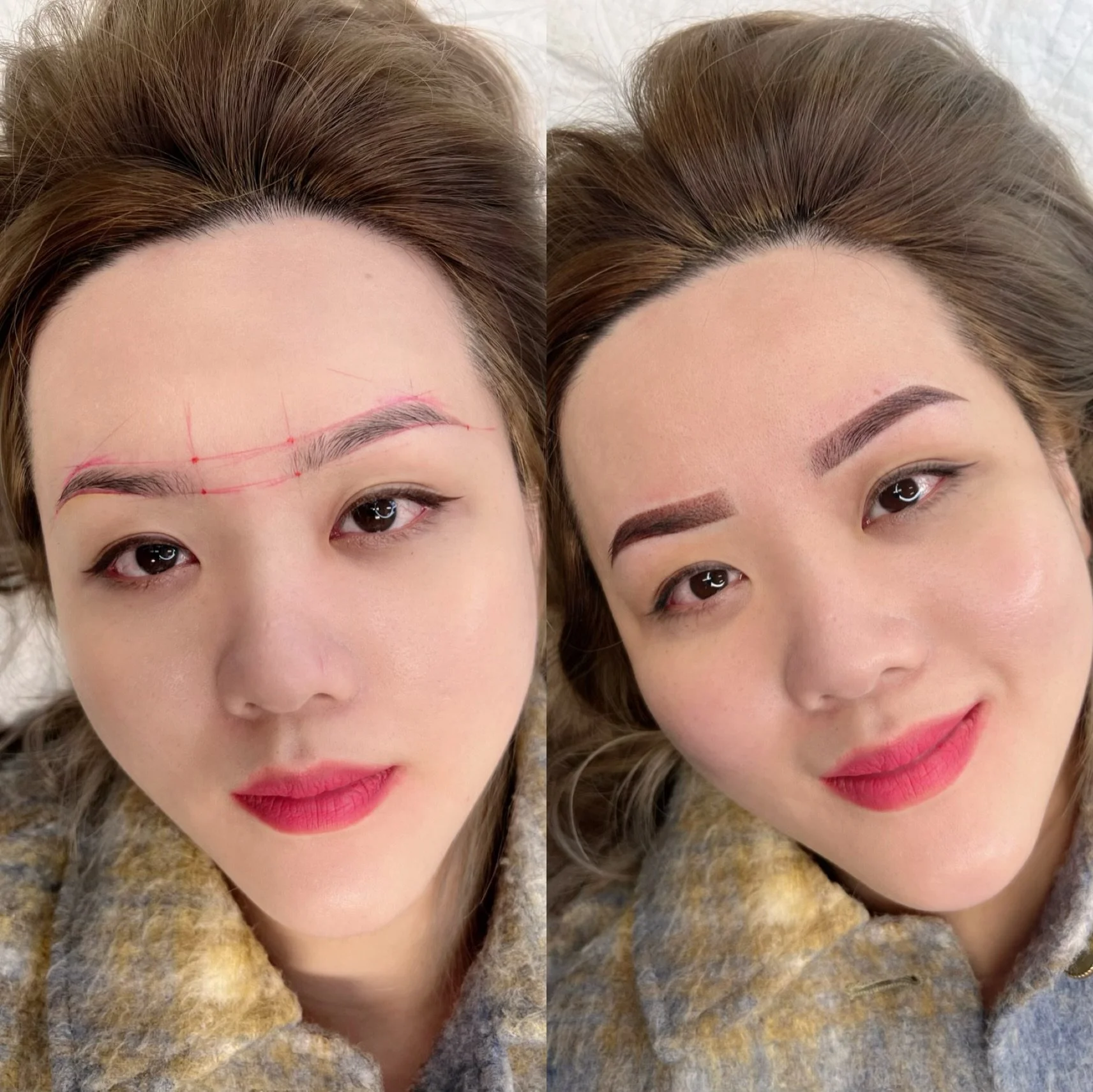 Comparison of a woman's face before and after eyebrow tattooing, showing the process of cosmetic eyebrow enhancement.