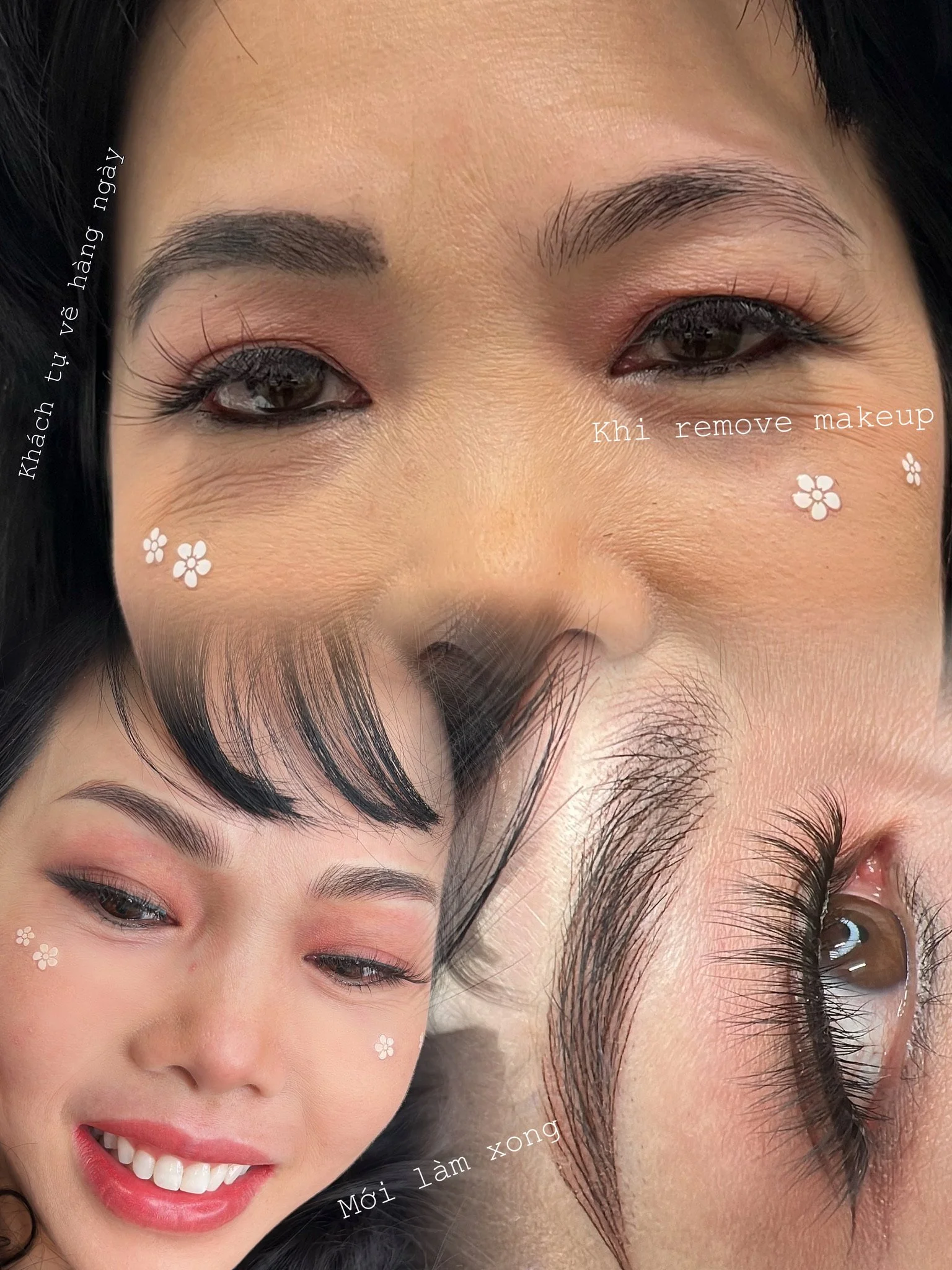Close-up of a woman's face showing her eye makeup, with text overlay in Vietnamese providing makeup instructions, and a photo of her smiling face at the bottom left.