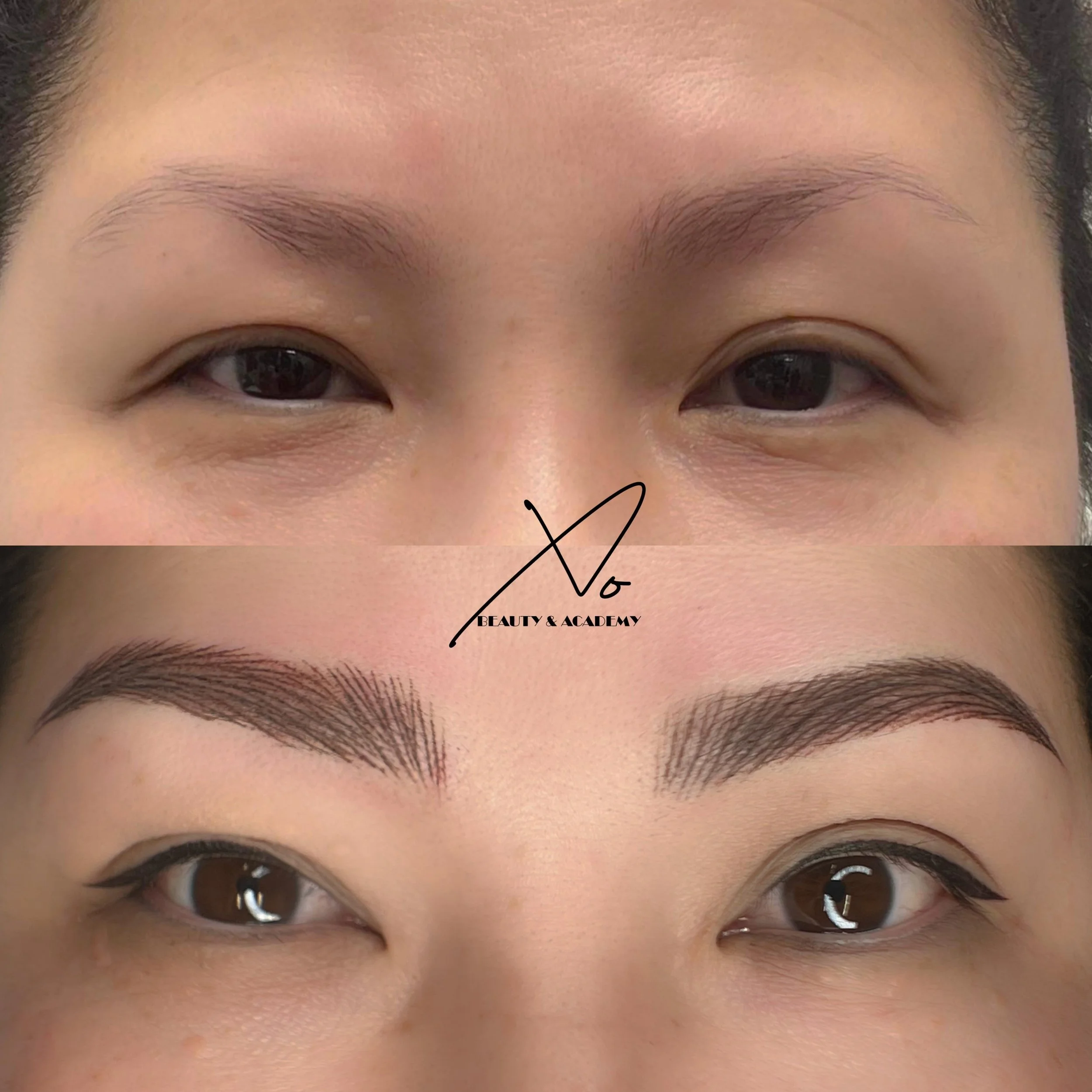 Before and after close-up of eyebrows, showing the transformation from natural, sparse brows to well-defined, arched eyebrows with makeup application.