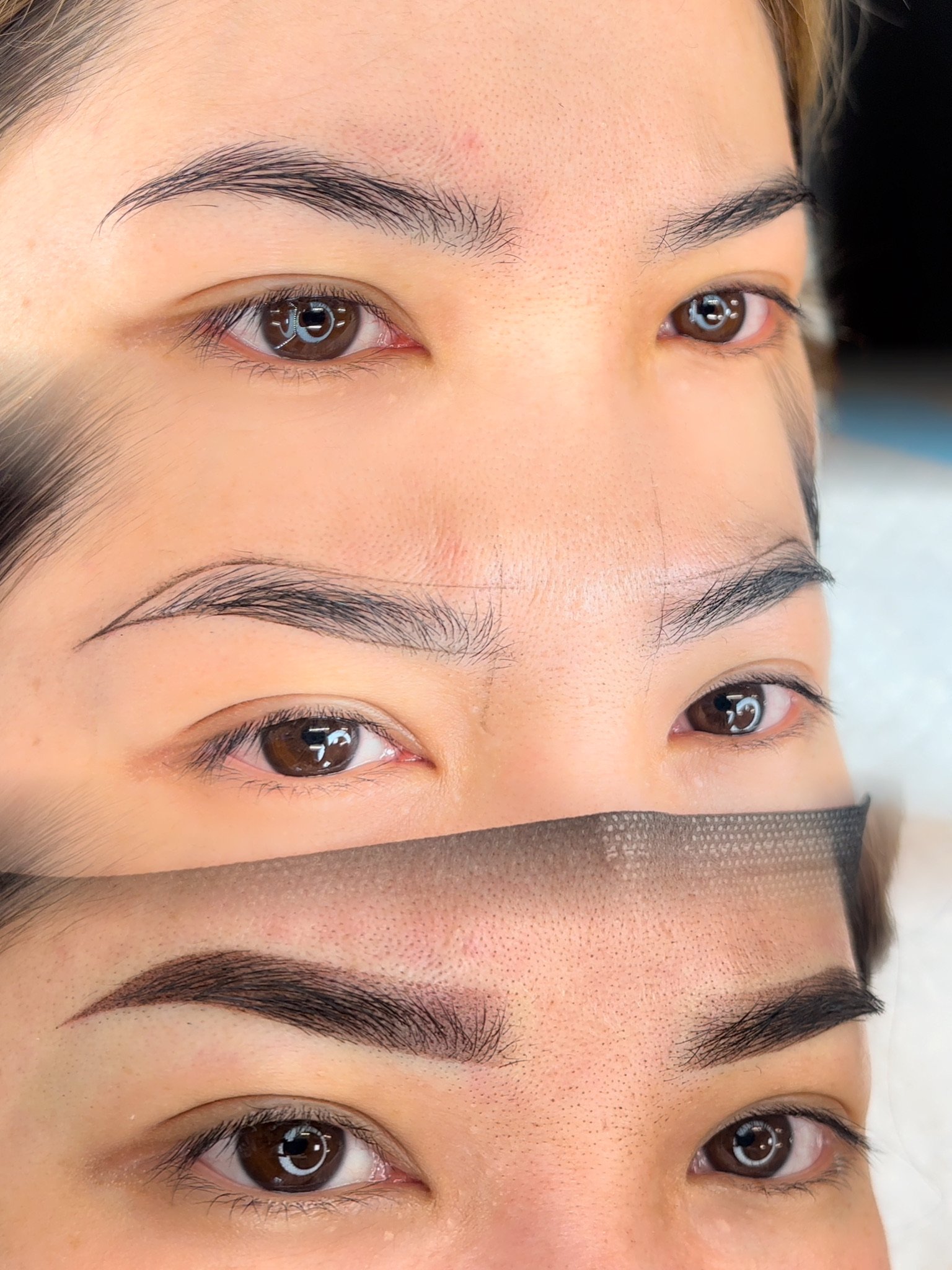 Close-up of a woman's eyes, showing her before and after eyebrow microblading procedures.