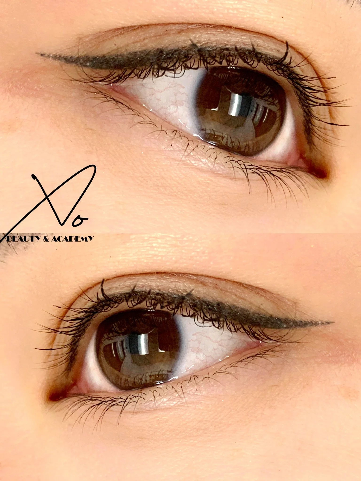 Close-up of a person's eye with makeup, showing the eyelashes, eyelid, and reflection in the brown iris.