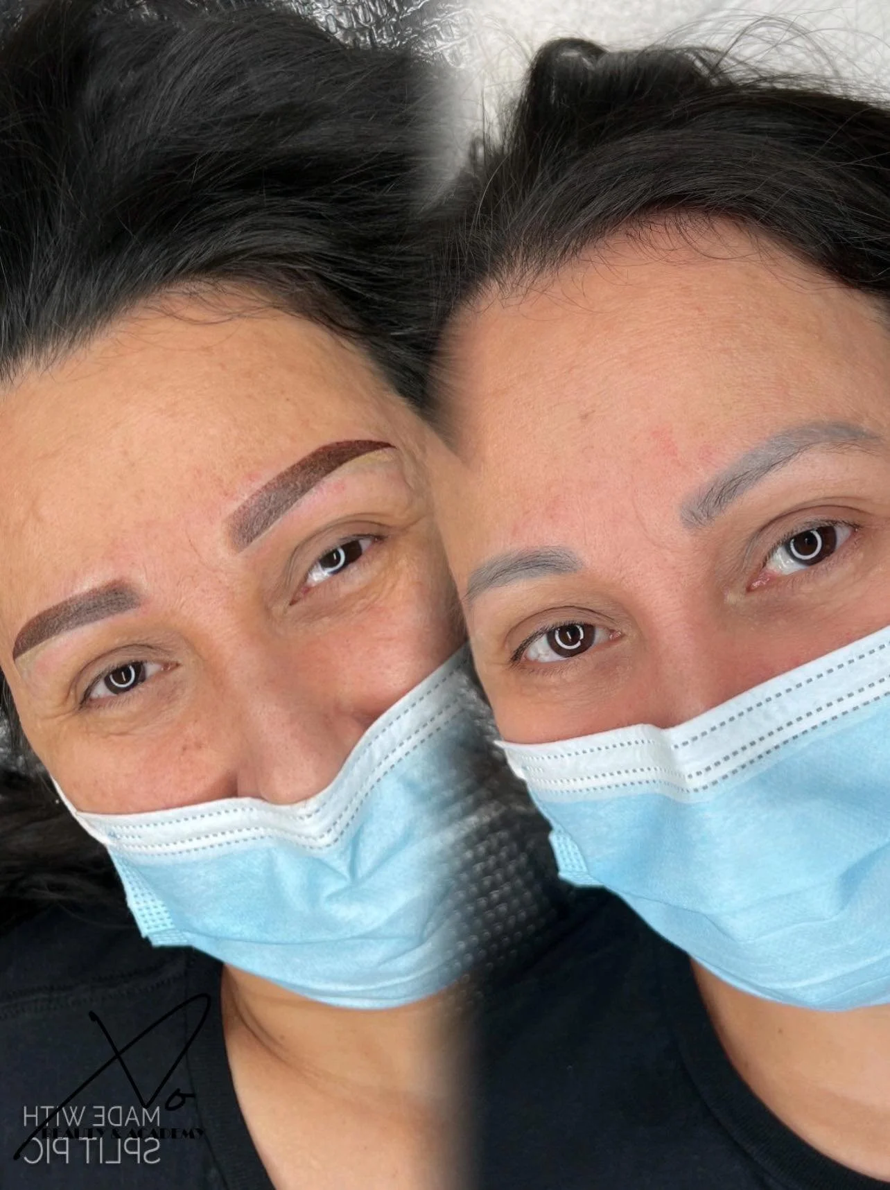Two women wearing face masks with freshly done eyebrows, close-up selfie showing their faces and eyebrows.