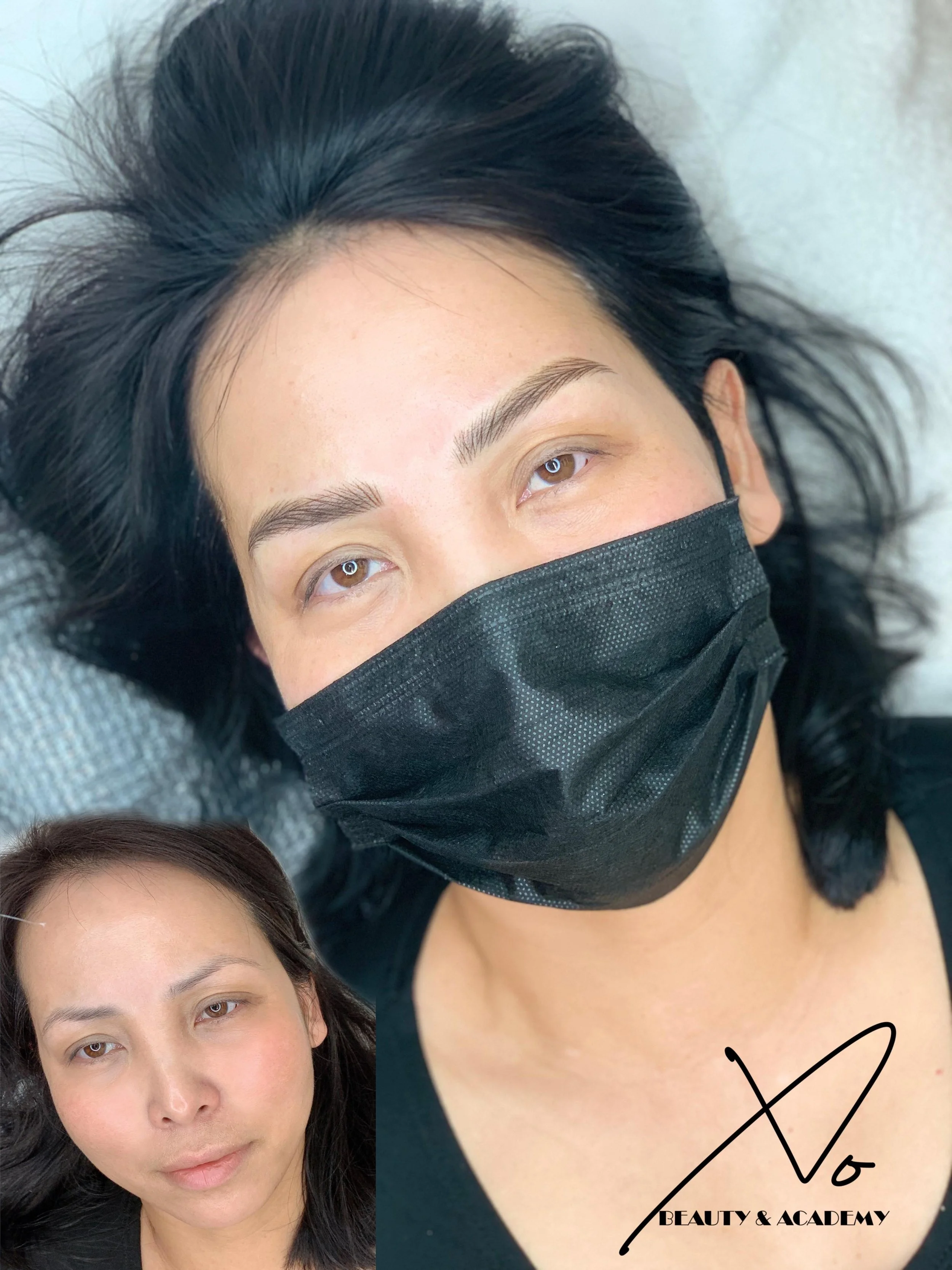 Close-up of a woman with black hair, wearing a black face mask, with her eyes open and looking at the camera. The inset shows her face without the mask, with her eyes partially closed, lying down against a light surface.