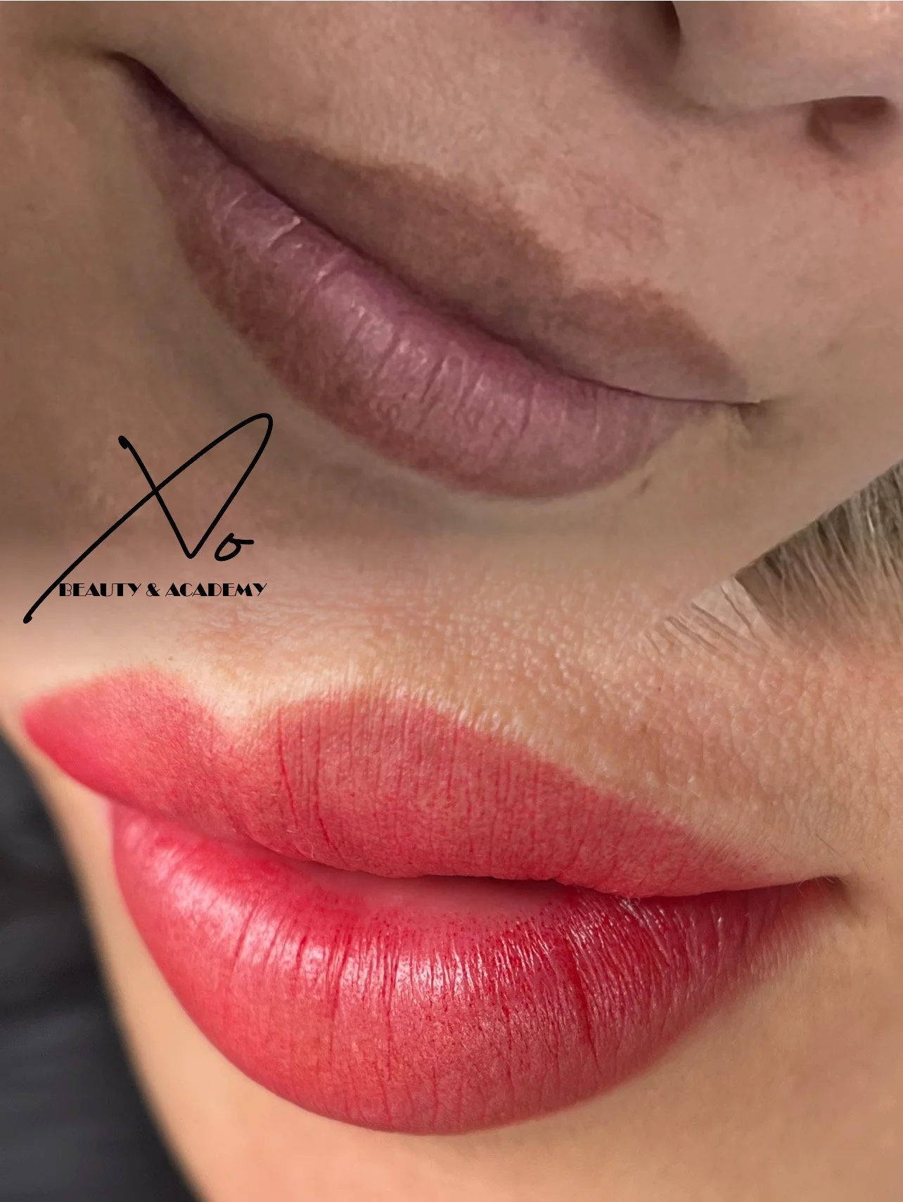 Close-up of a person's lips, showing before and after makeup application, with the lower lip in red lipstick and the upper lip in natural lip color.