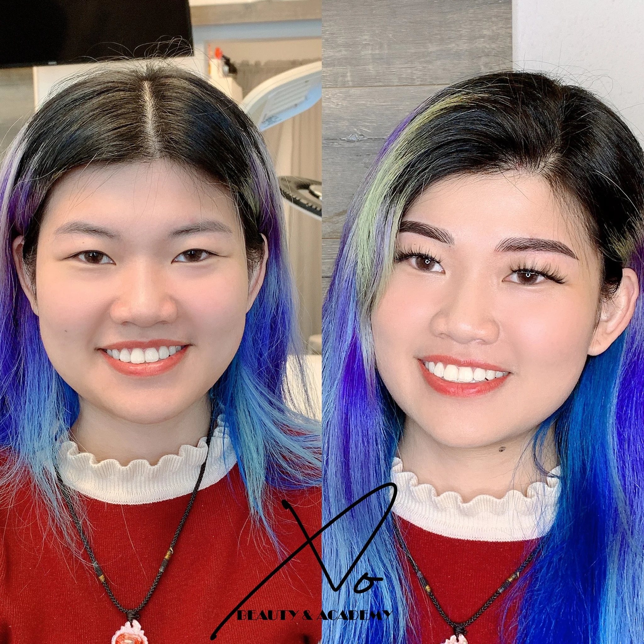 Side-by-side photos of a woman with multicolored hair, showing a before and after transformation. In the first photo, her hair is darker at the roots with purple and blue ends. In the second photo, her hair has more vibrant rainbow tones, and her mak