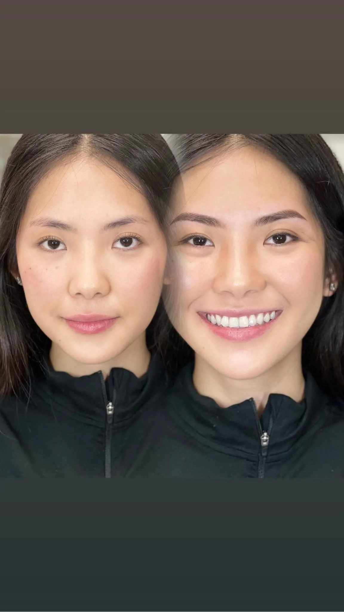 Two women wearing black jackets with zippers, one smiling with teeth showing and the other with a neutral expression. They are close together, with the background blurred.