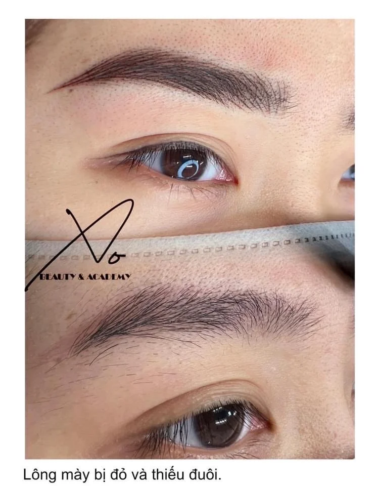 Close-up of a person's eyes, showing eyebrows with makeup and some missing eyebrow hair, with a ruler indicating eyebrow shaping.