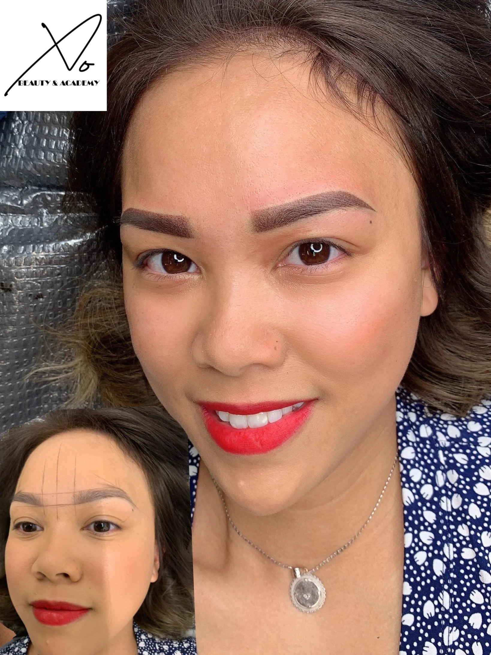 A woman with makeup applied, featuring filled eyebrows, red lipstick, and a polka dot top, lying down on a textured surface with a smaller image of her face with makeup lines drawn, and a beauty logo in the top left corner.