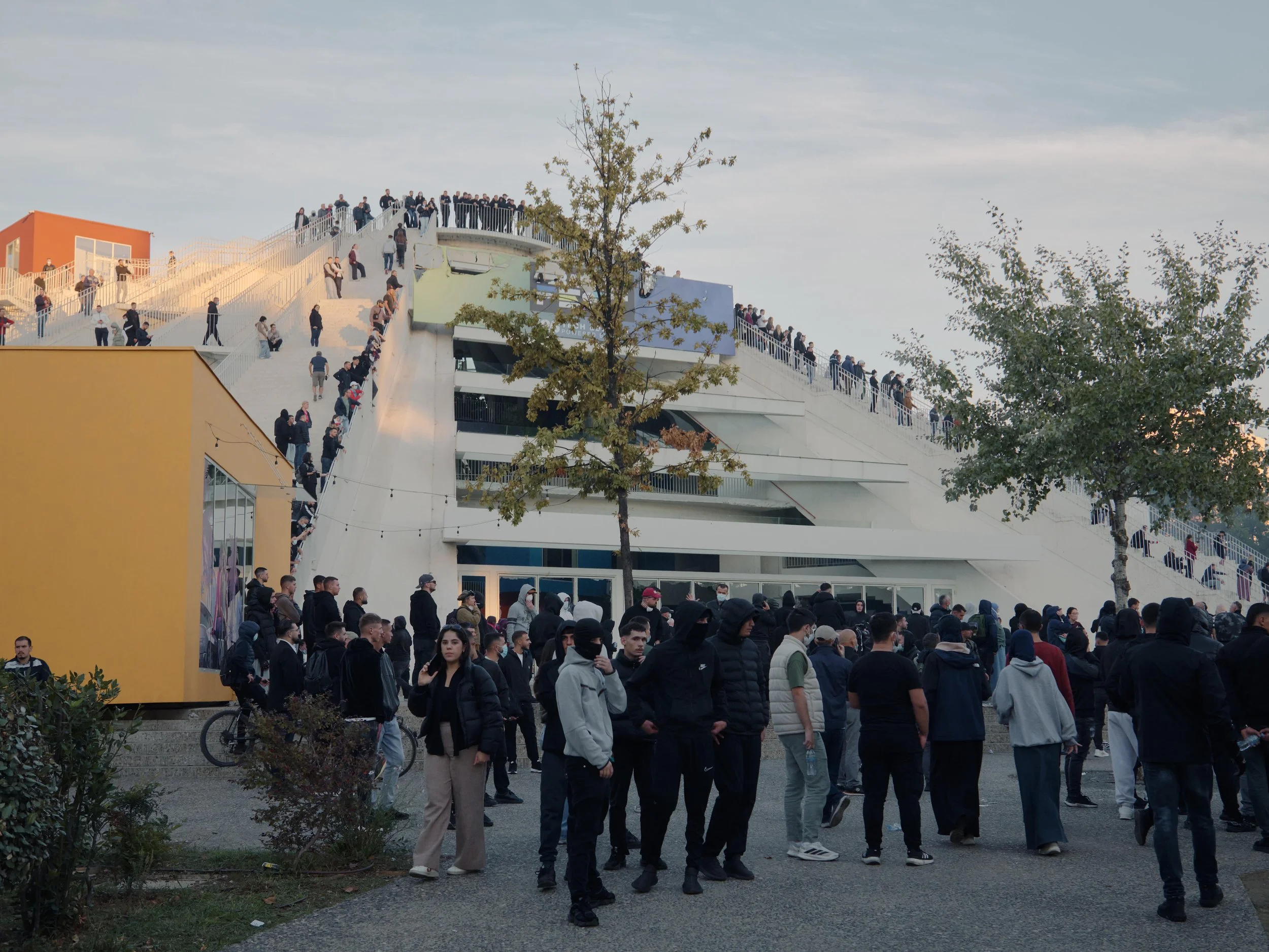 Students gather near the Pyramid of Tirana shortly after marching from the Ministry of Education towards the Prime Minister’s Office.