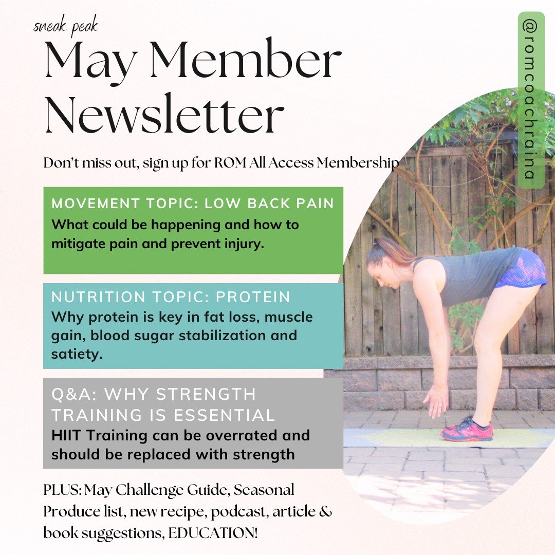 Sneak Peak Member Newsletter!
Every month I breakdown a movement and nutrition topic to educate you on what it is, why it is important and ideas and homework to start adding better habits in to your life! PLUS a member question!
I spend hours on this