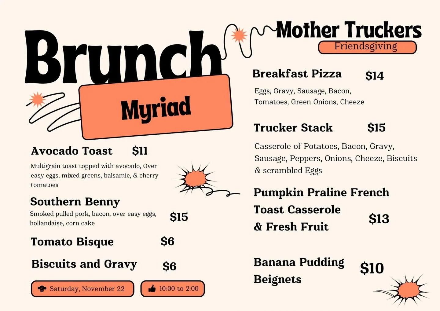 Today&rsquo;s Friendsgiving Brunch menu!

Doors open at 10am 🤘