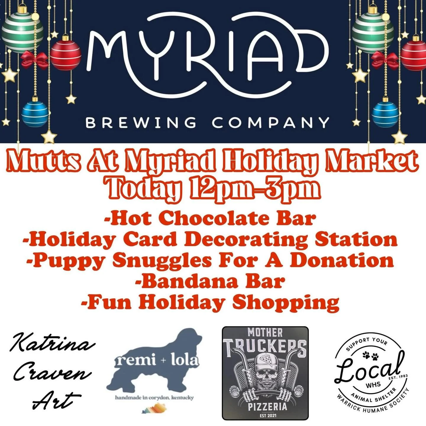 Shop, eat, and drink all in one place!

🐕 The @warrickhumanesociety Holiday Market is this Sunday from 12-3!

🍕Hungry? 
@mothertruckerspizzeria will be here from 12-3 serving up hot, wood fired pizzas!

(And don&rsquo;t forget to fill your growlers