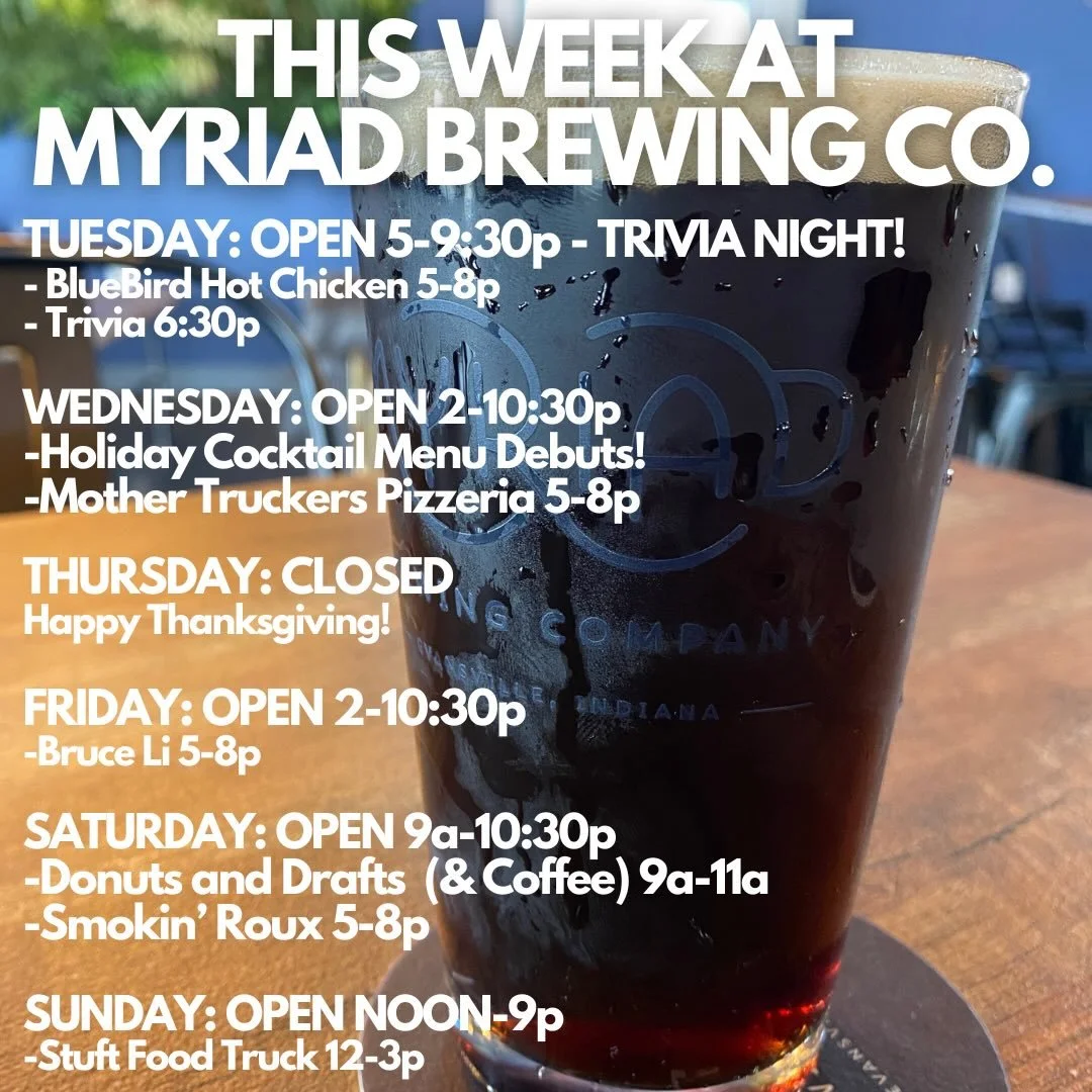 This week at Myriad 🤘

Bring your family and friends to the taproom this week! Holiday Cocktails debut this Wednesday! 

www.myriadbrewing.com