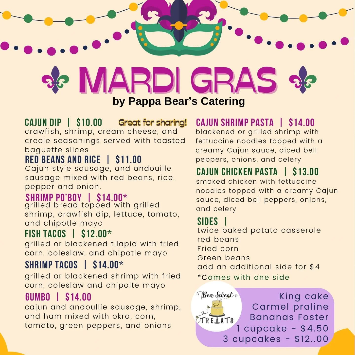 Mardi Gras Menu Day 2!

Thursday: 
🍻Doors and bar open at 3
🍤Pappa Bears serves from 4:30-8
🖼️ Foundry Painting Class at 6:30

Our food recs: Blackened shrimp tacos, gumbo, and Cajun chicken pasta 😋 

See you soon 🤘
