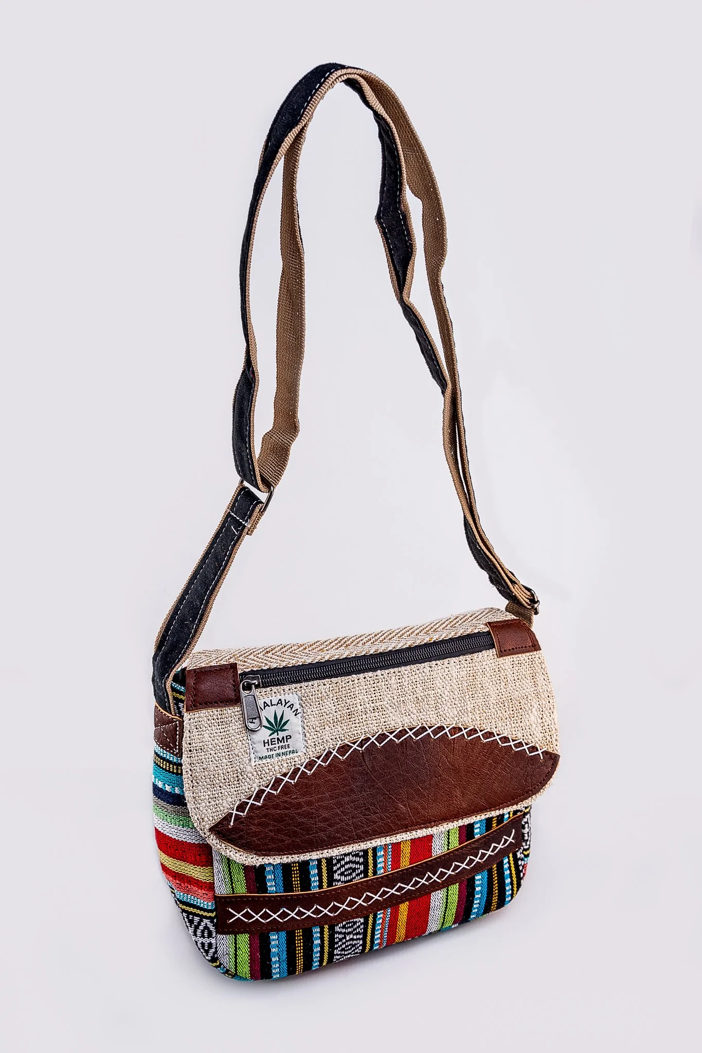 Tribal Print Hemp and Leather Crossbody Purse