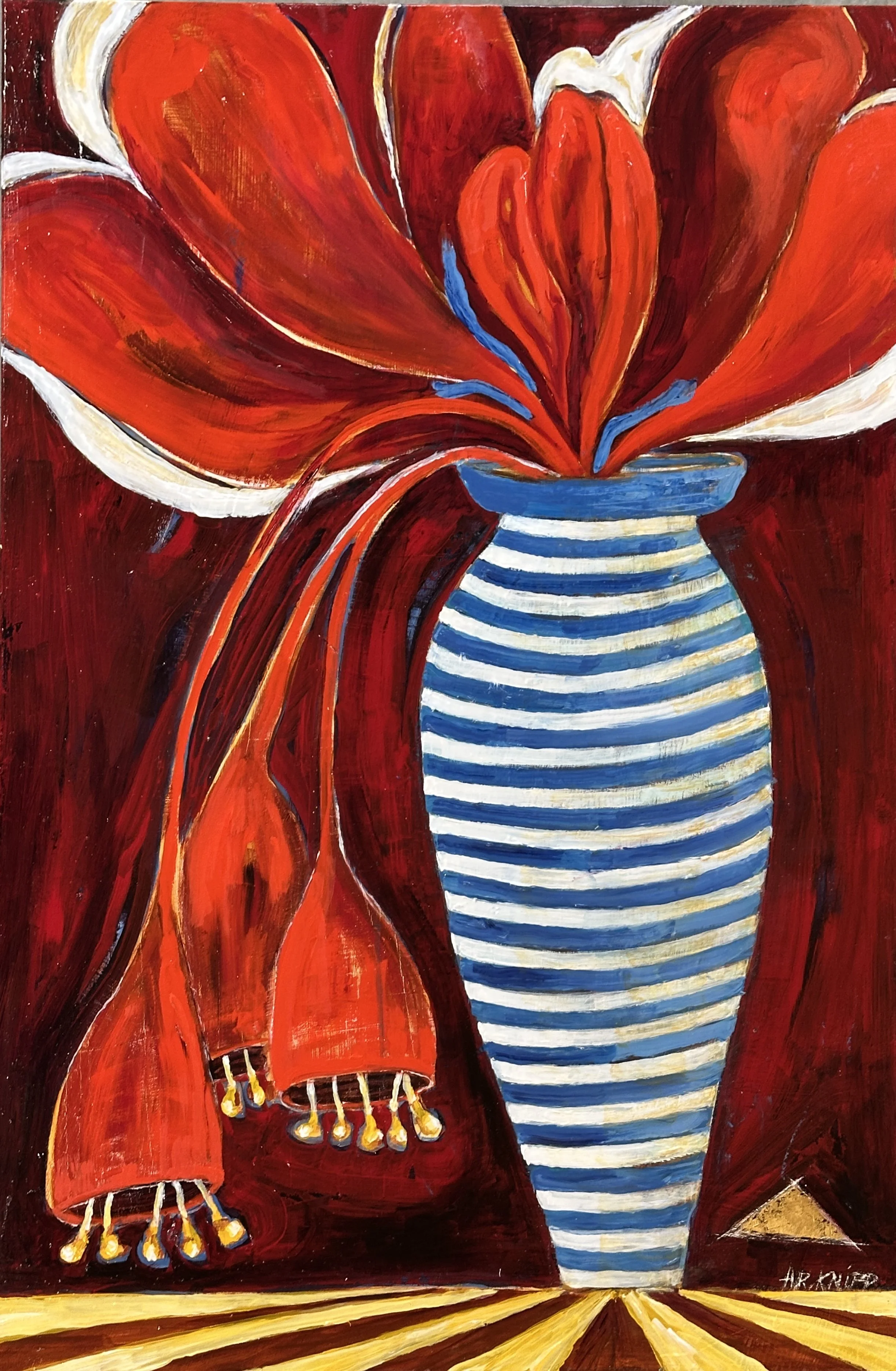 Red Bell-Lilies in Striped Pot                24" x 35" acrylic & gold-leaf on gallery-wrapped linen