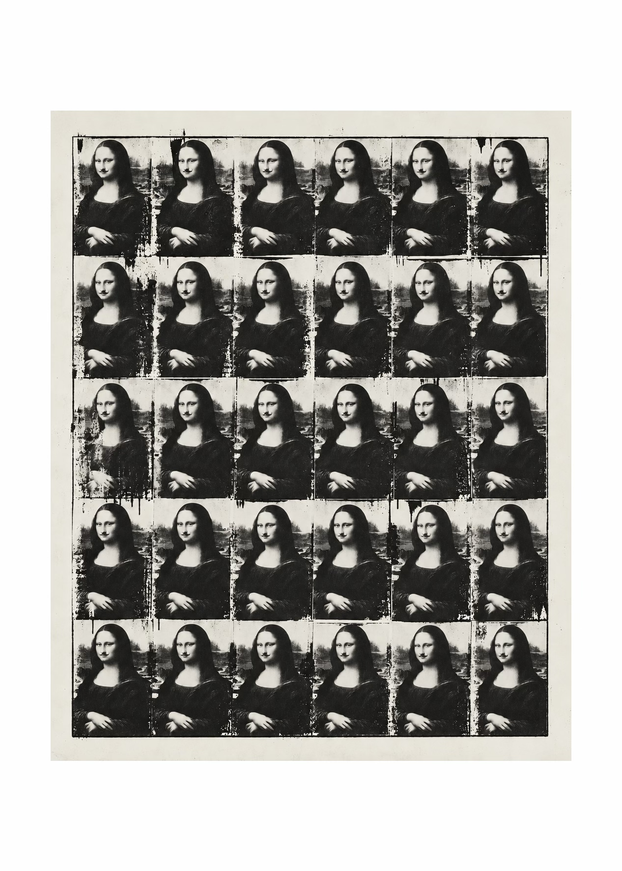 '30 Mona Lisas': solvent transfer on panel, 120cm x 90cm- after Marcel Duchamp/ Andy Warhol 