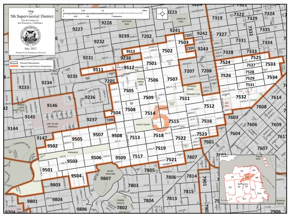 Map of San Francisco's 5th Supervisorial District from July 2022, showing precinct boundaries in black and district boundary in orange, with street names and neighborhood landmarks.