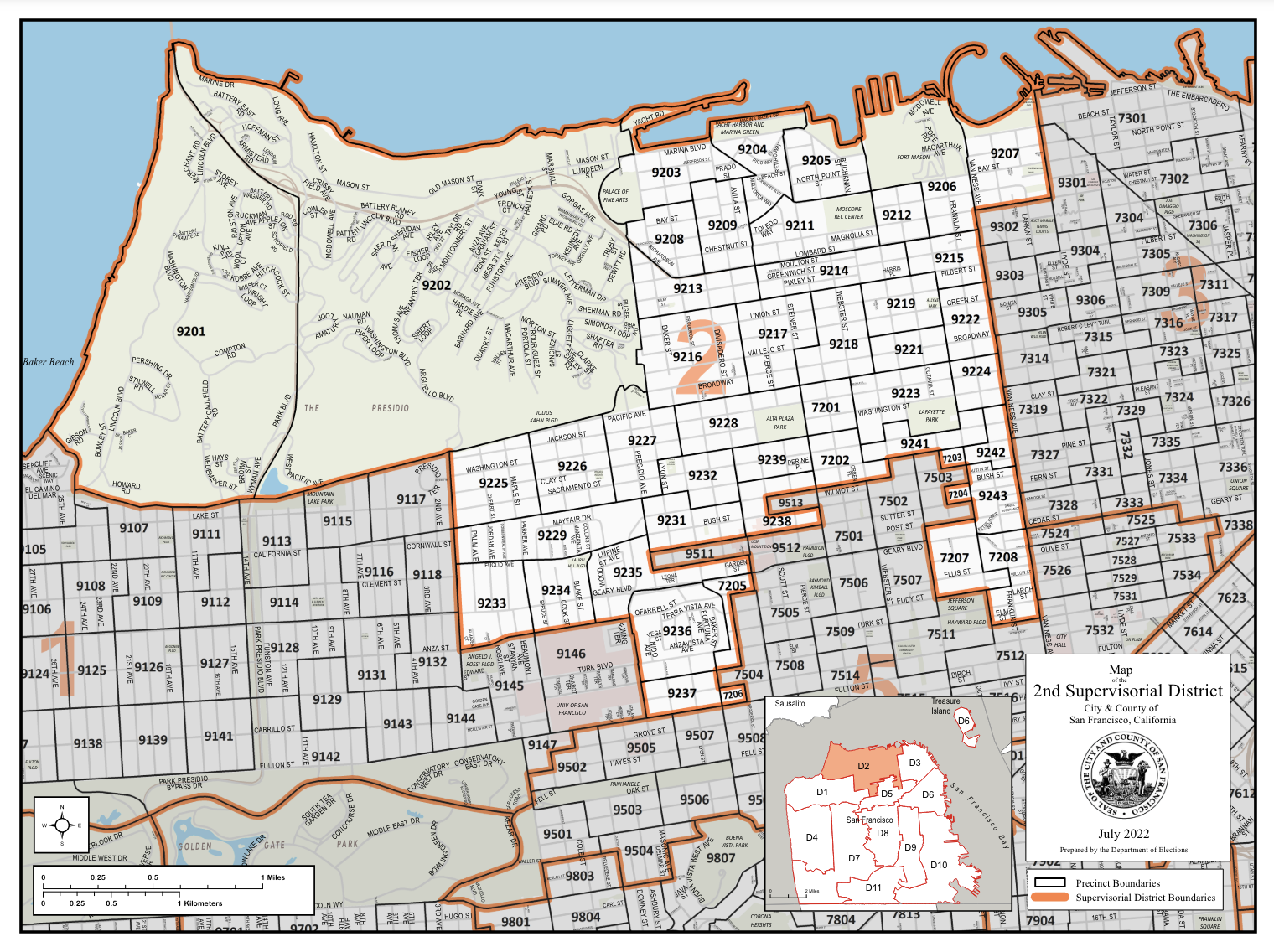 Map of San Francisco's 2nd Supervisorial District showing precinct boundaries, streets, parks, and the shoreline with parcel numbers labeled.