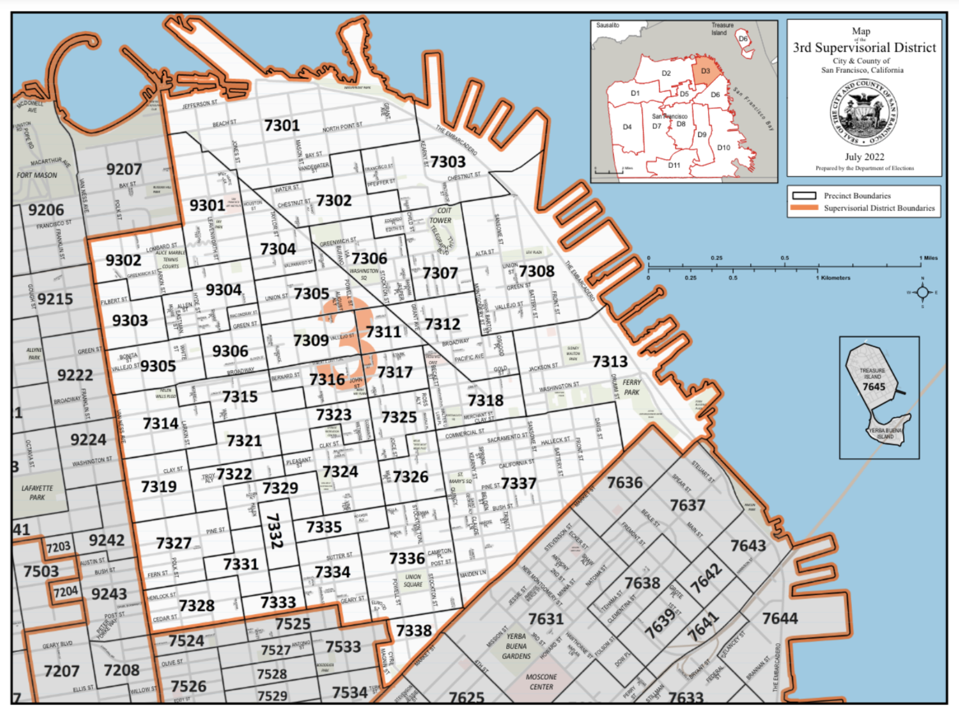 Map of San Francisco's 3rd Supervisorial District with precinct boundaries outlined in black and district boundaries in orange, showing street names, district numbers, and geographical features including the bay and Treasure Island.