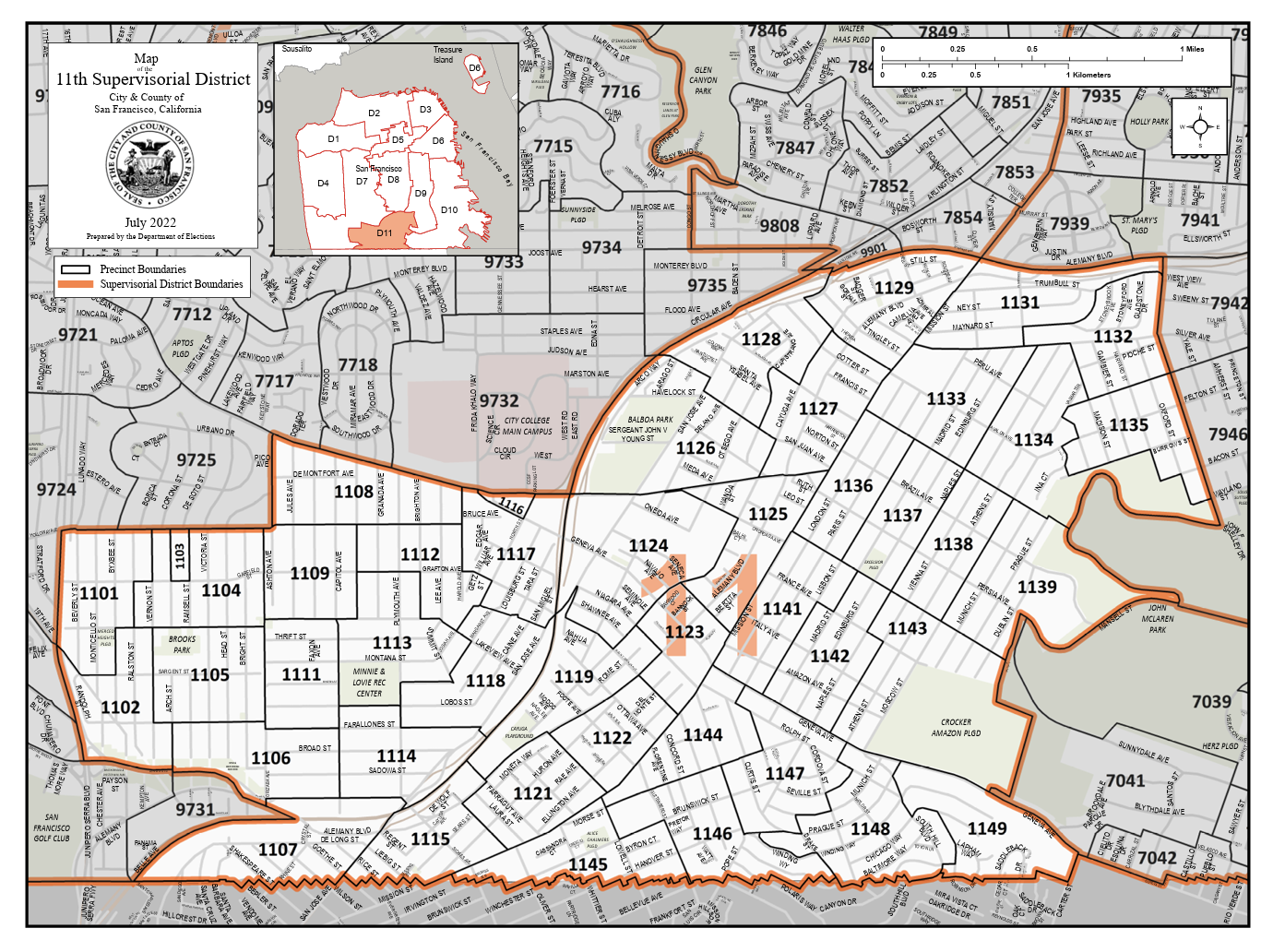Map of the 11th Supervisorial District in San Francisco, California, showing precinct boundaries marked with orange outlines and district boundaries in black, with street names and labels for neighborhoods and landmarks.