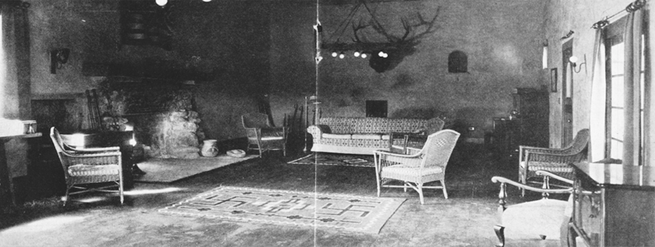 A historic image of the interior of the lodge at the Kay El Bar. 