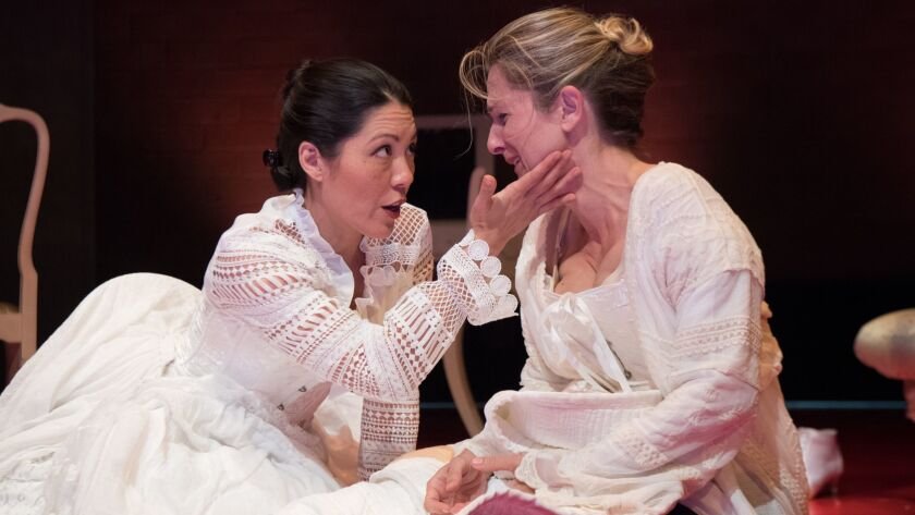 Carie Kawa, left and Meghan Andrews in Boston Court’s “Ladies.”(Jenny Graham)