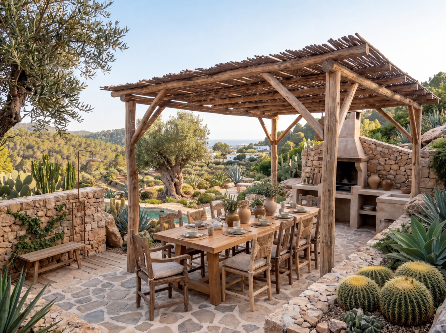 Porche exterior con pérgola de madera, comedor rústico y horno de piedra con vistas al mar — solución de exteriores ZONA