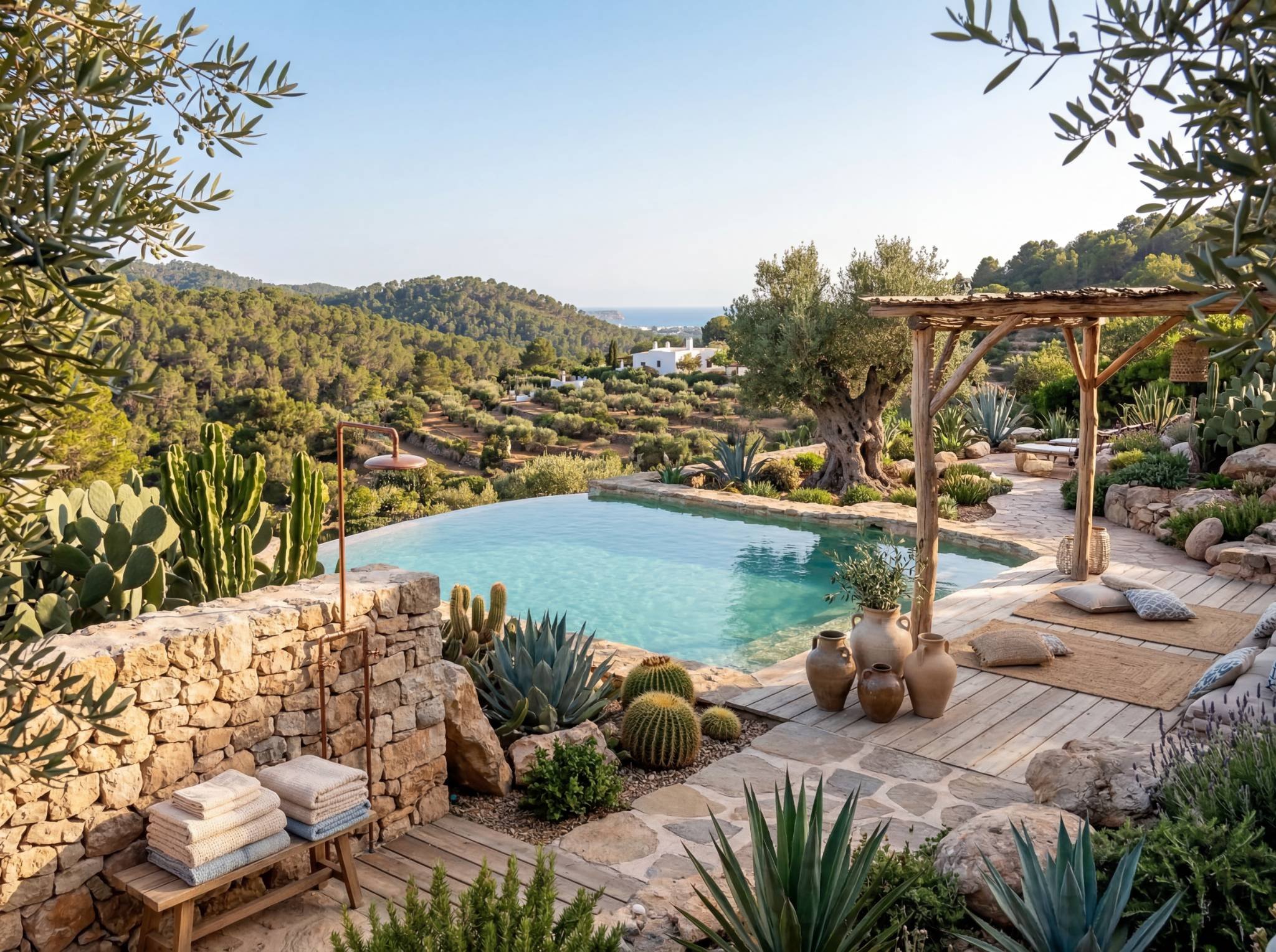 Reforma integral de jardín mediterráneo con piscina, pérgola de madera y paisajismo sostenible realizada por Zona en Obras en una vivienda de lujo en España.