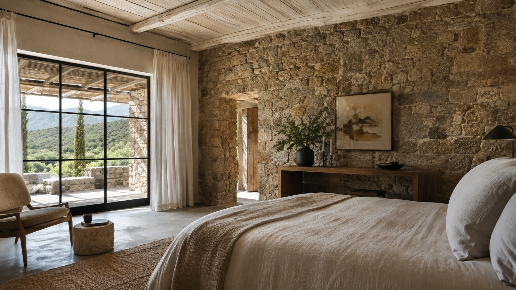 Dormitorio de Vivienda Rural Bages con pared de piedra, puerta acristalada a la terraza y vistas a las colinas