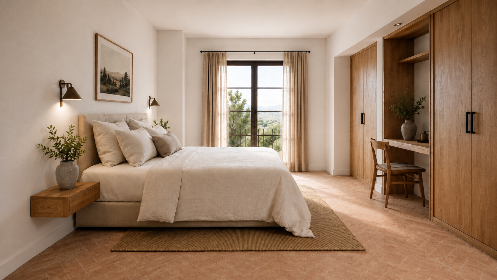 Dormitorio de Turisme Rural L'Agulla con ventanal a la terraza, vistas a las colinas y mobiliario de madera natural