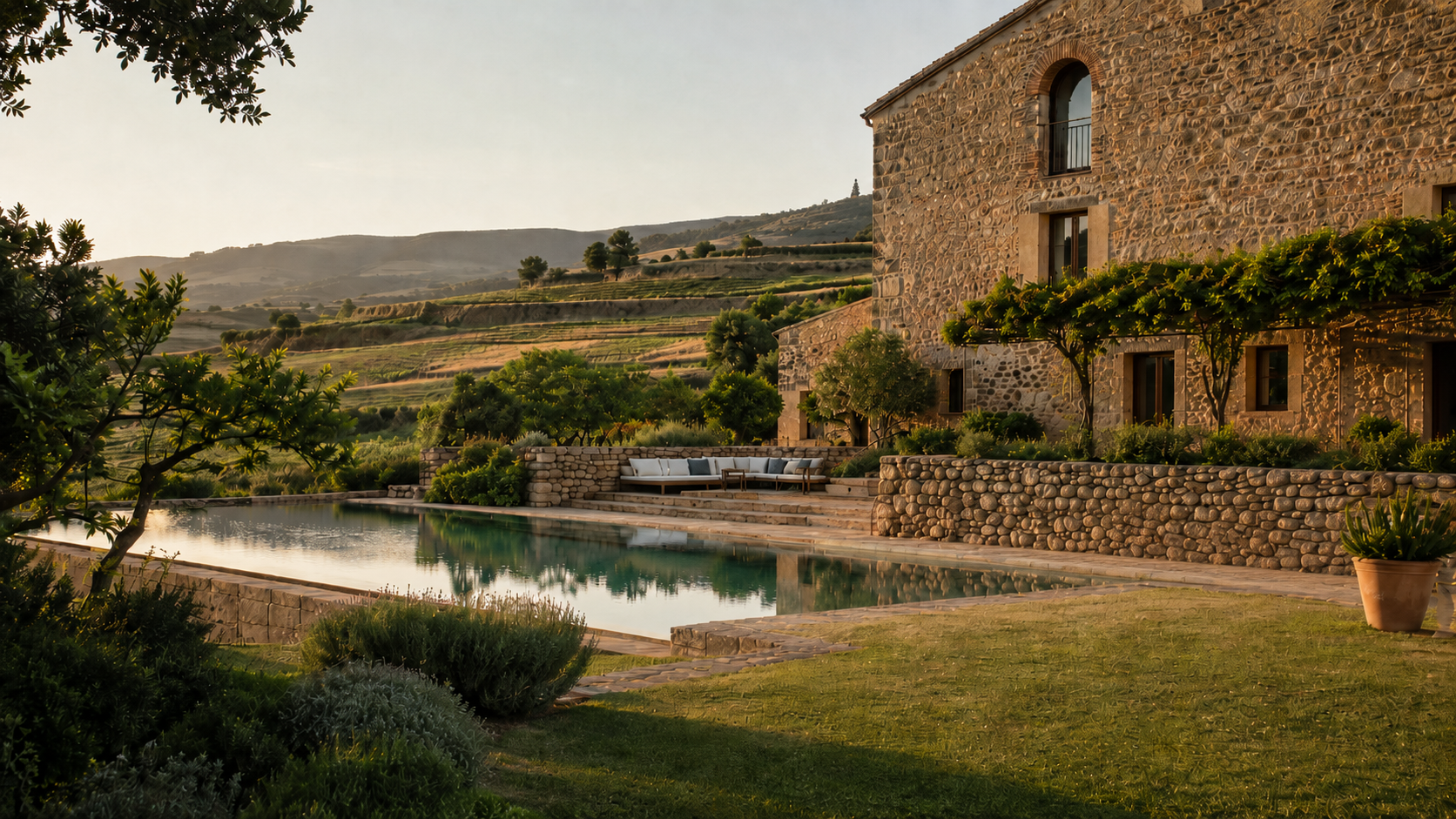 Piscina de piedra de Vivienda Rural Bages con vistas a los viñedos en terrazas y las colinas de la comarca
