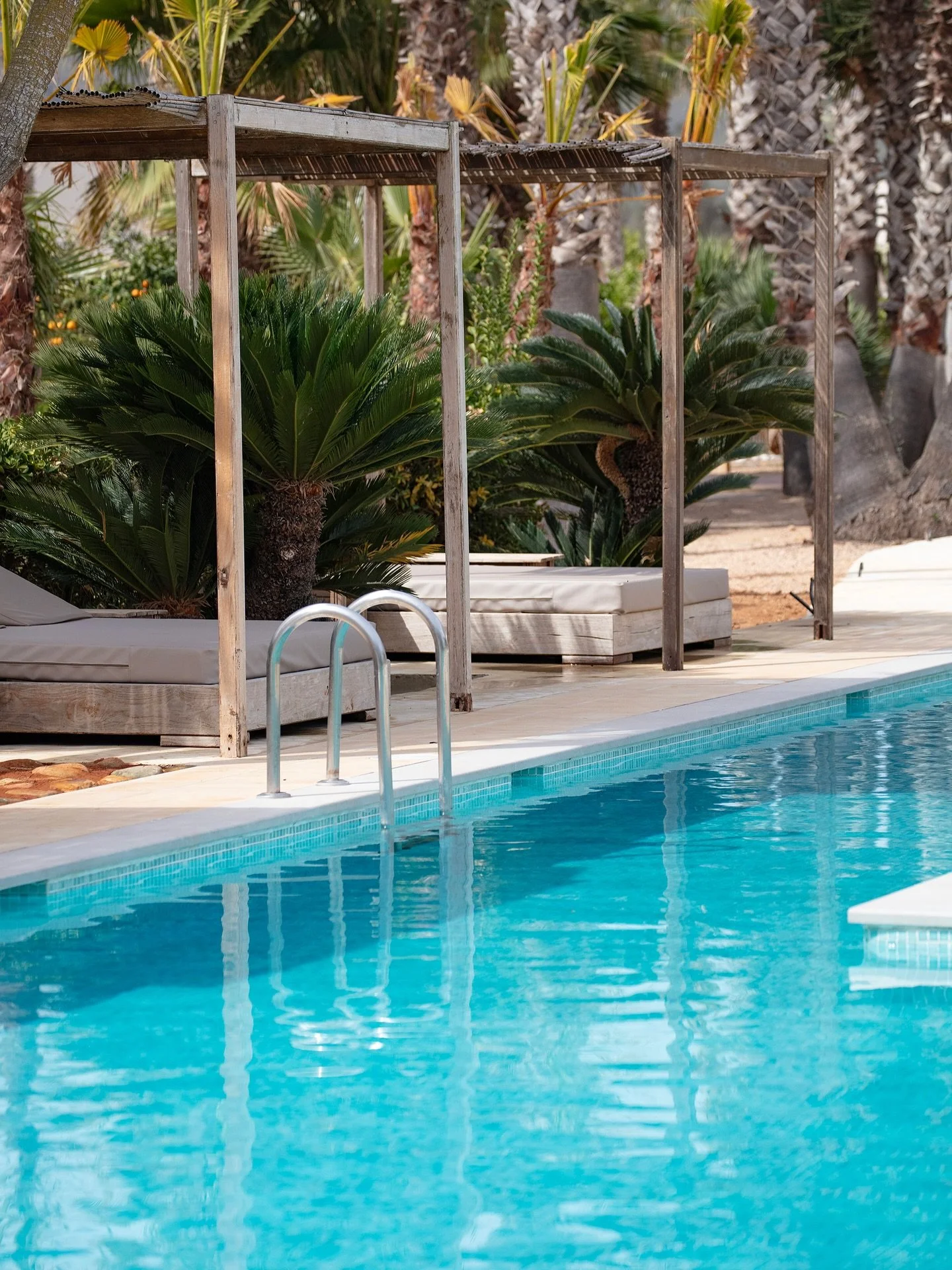 Piscina de Can Jaume con camas balinesas de madera bajo pérgola, rodeadas de palmeras y cícadas