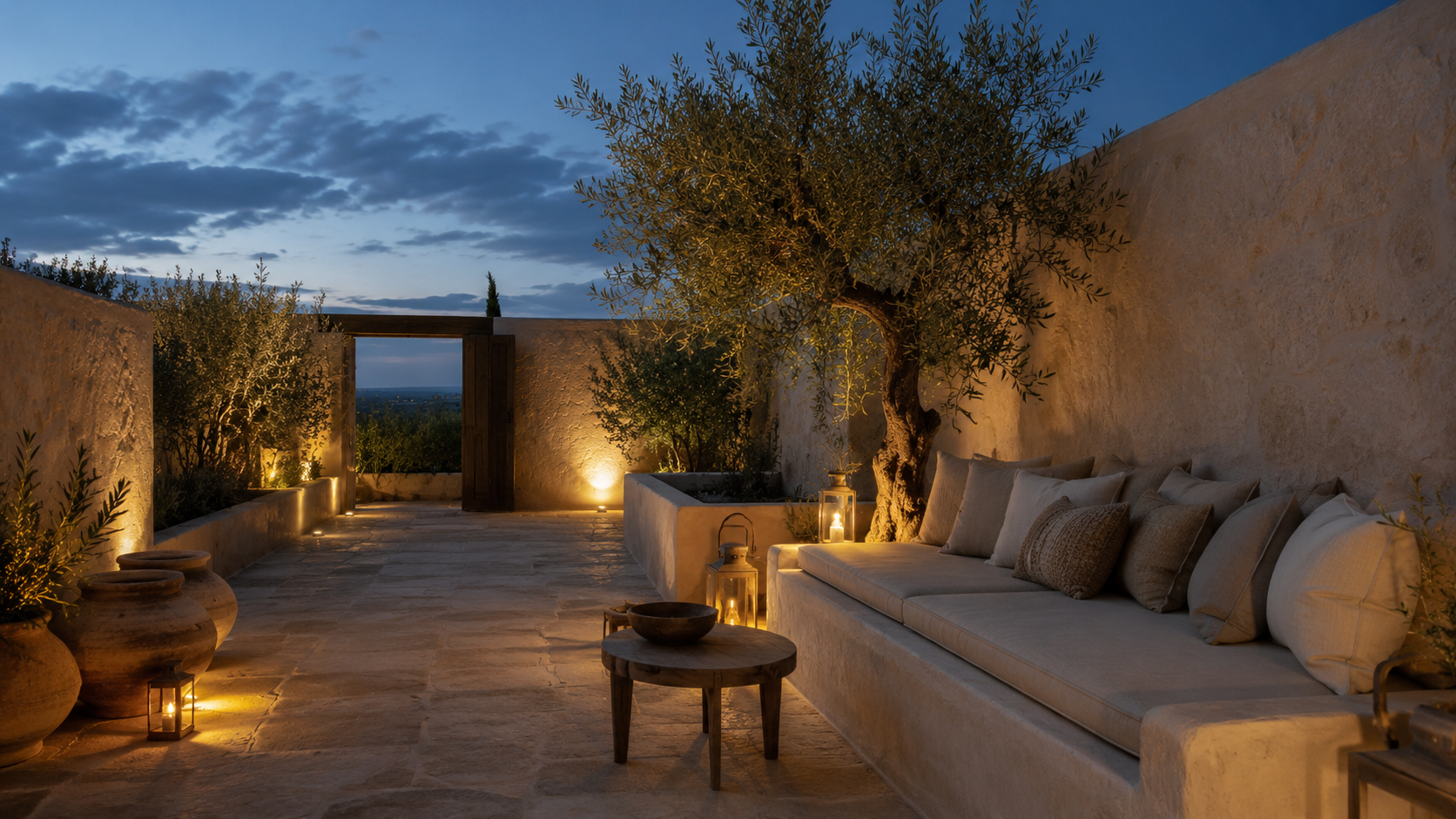 Patio nocturno de Vivienda Rural Bages con olivo iluminado, banco corrido de piedra y farolillos junto a la puerta de acceso al jardín