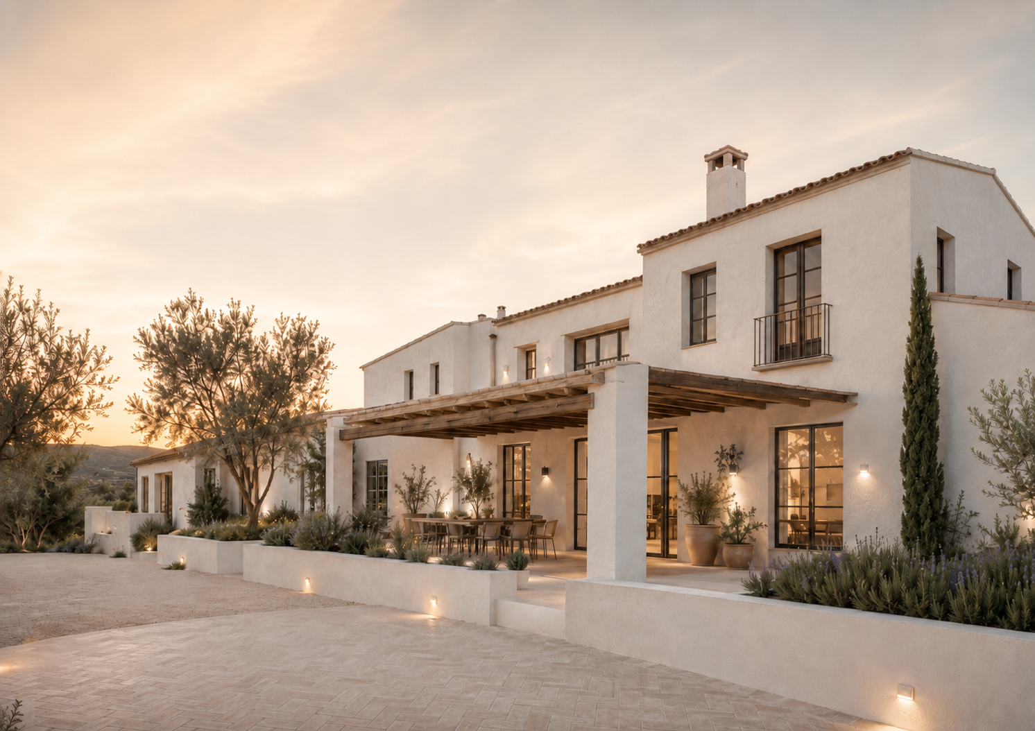 Fachada de Turisme Rural L'Agulla al atardecer, con pérgola de madera, comedor exterior y jardín mediterráneo en Bages