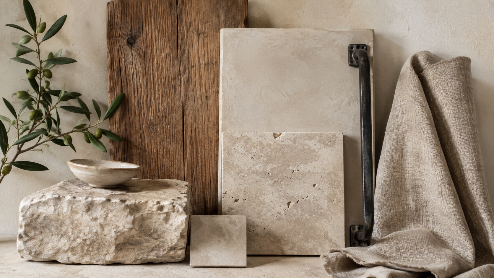 Materiales naturales de Vivienda Rural Bages: madera reciclada, travertino, piedra y lino en tonos tierra