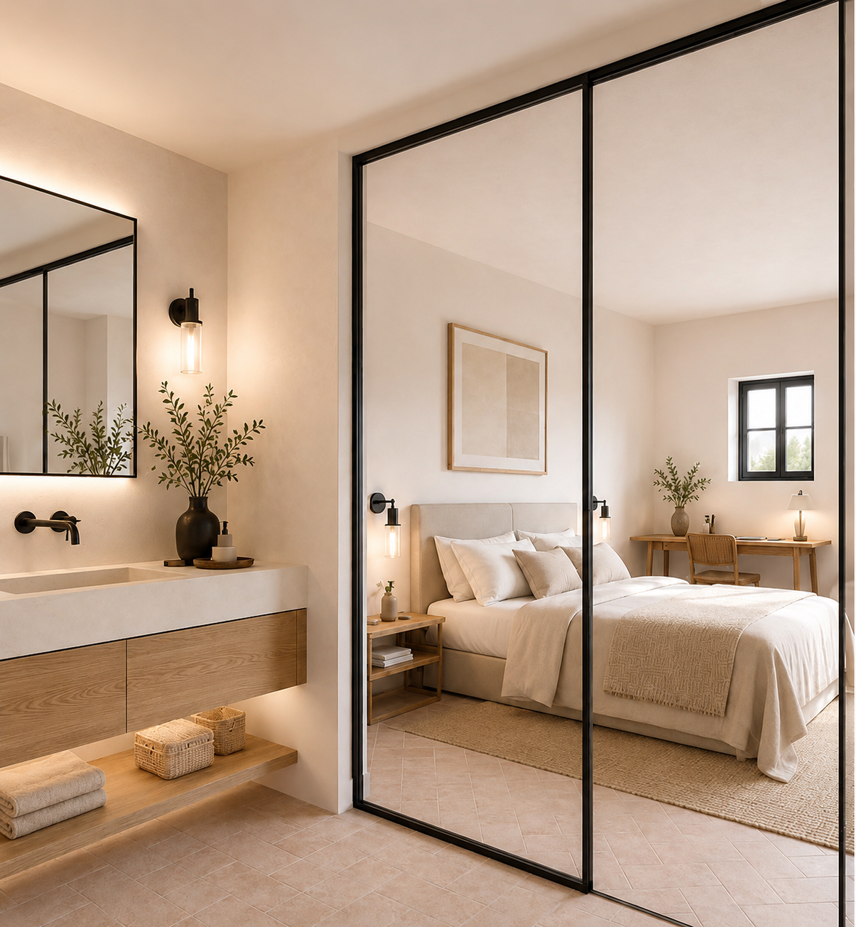 Baño y dormitorio de Turisme Rural L'Agulla separados por puertas de cristal con marco negro, en tonos cálidos y neutros