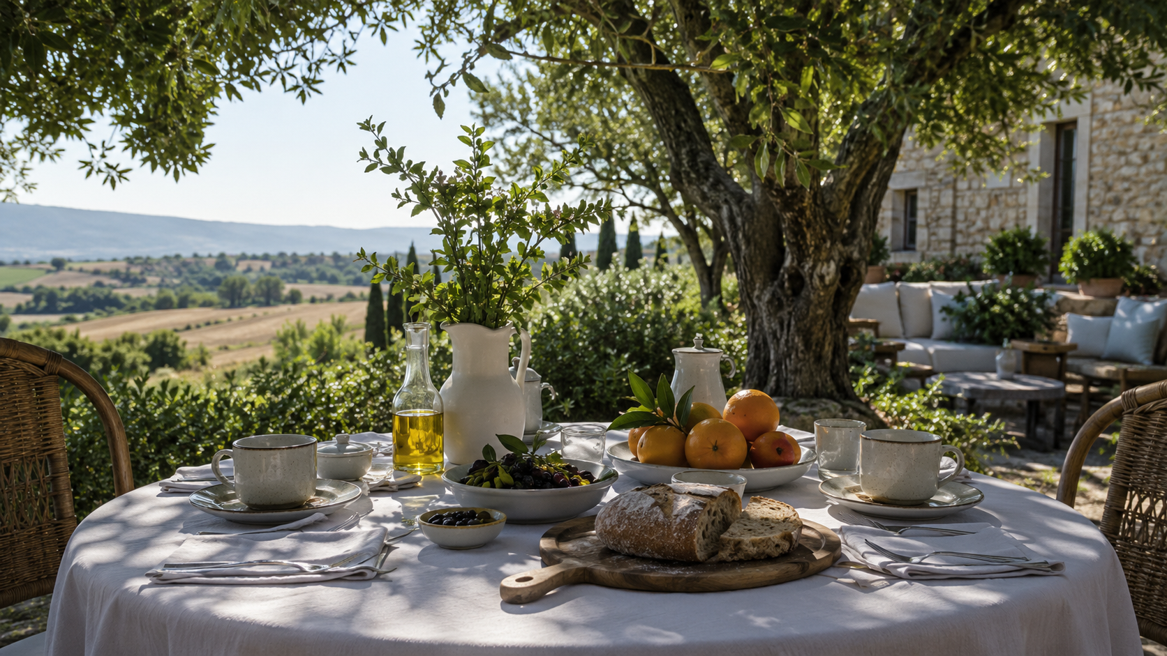 Mesa de desayuno bajo un olivo centenario en Vivienda Rural Bages, con pan artesanal, fruta y vistas al valle