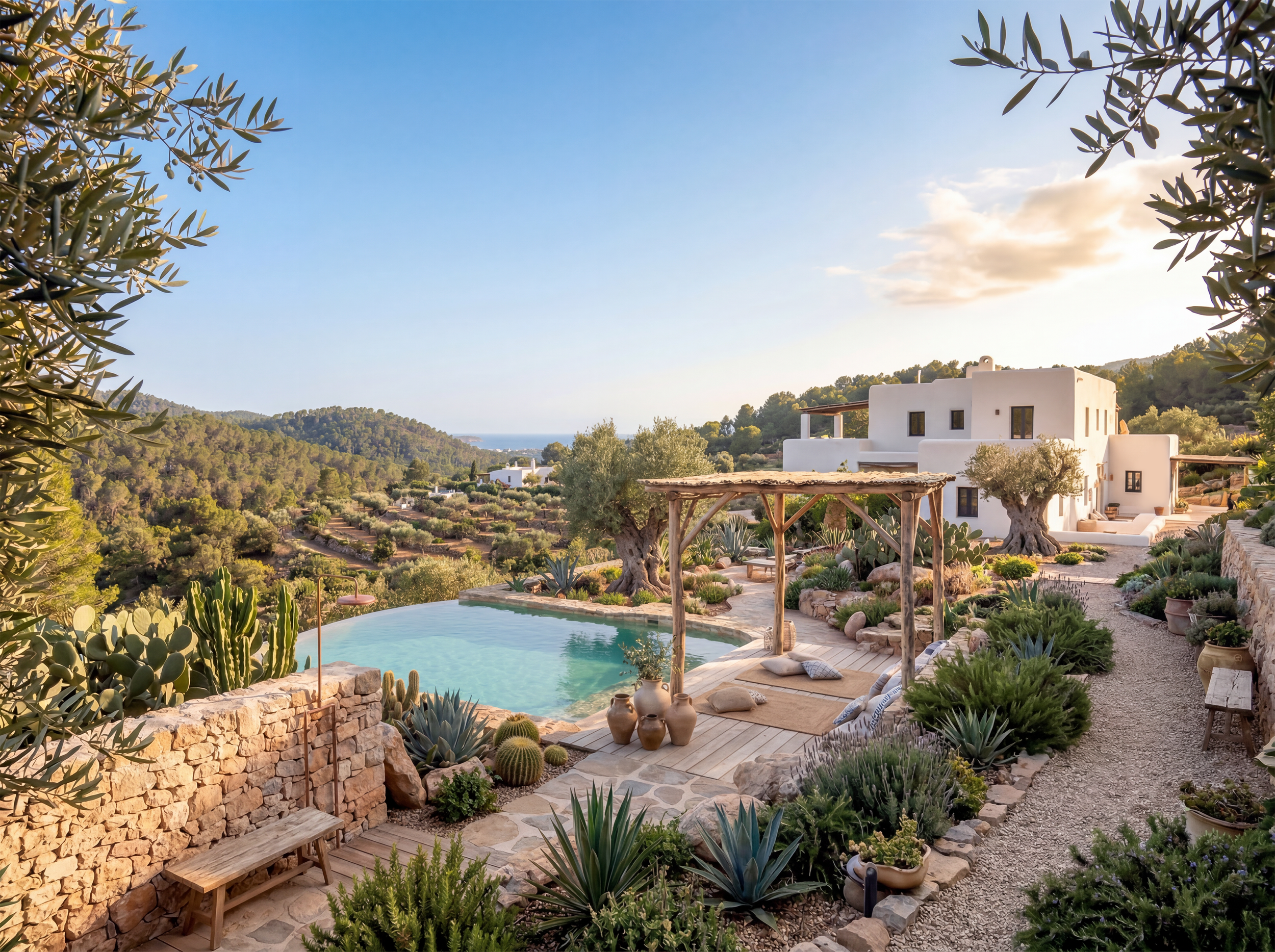 Proyecto de villa mediterránea de lujo con piscina, jardín diseñado a medida, arquitectura ibicenca contemporánea y espectaculares vistas al mar.