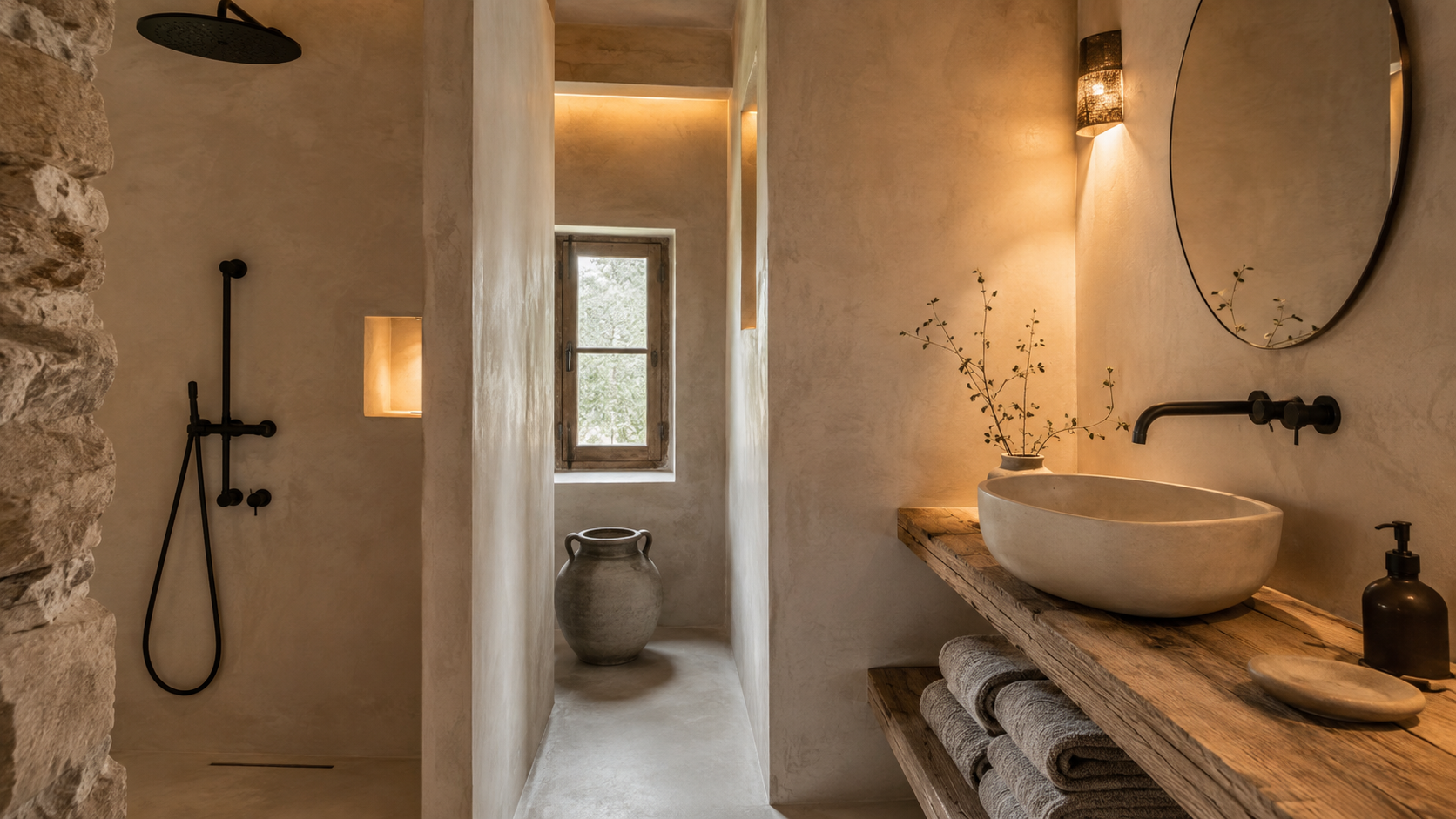 Baño de Vivienda Rural Bages con lavabo de piedra sobre mueble de madera, ducha abierta y espejo redondo iluminado