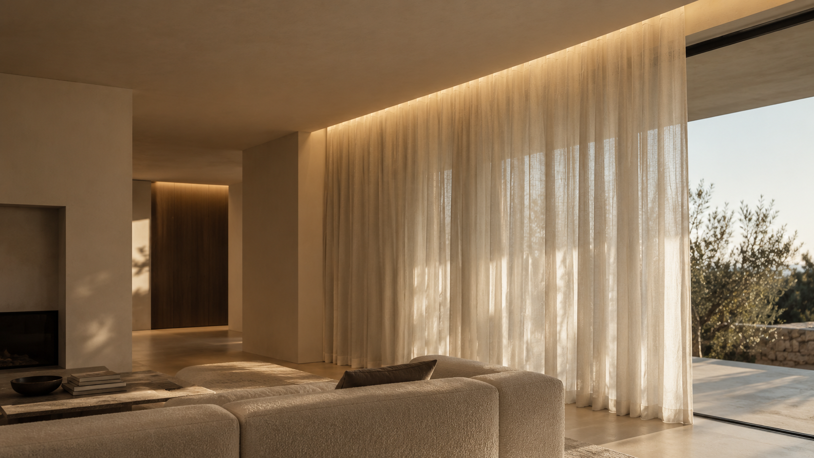 Salón con luz indirecta empotrada sobre cortina de lino, chimenea y vistas a un olivar al atardecer — solución de iluminación ZONA