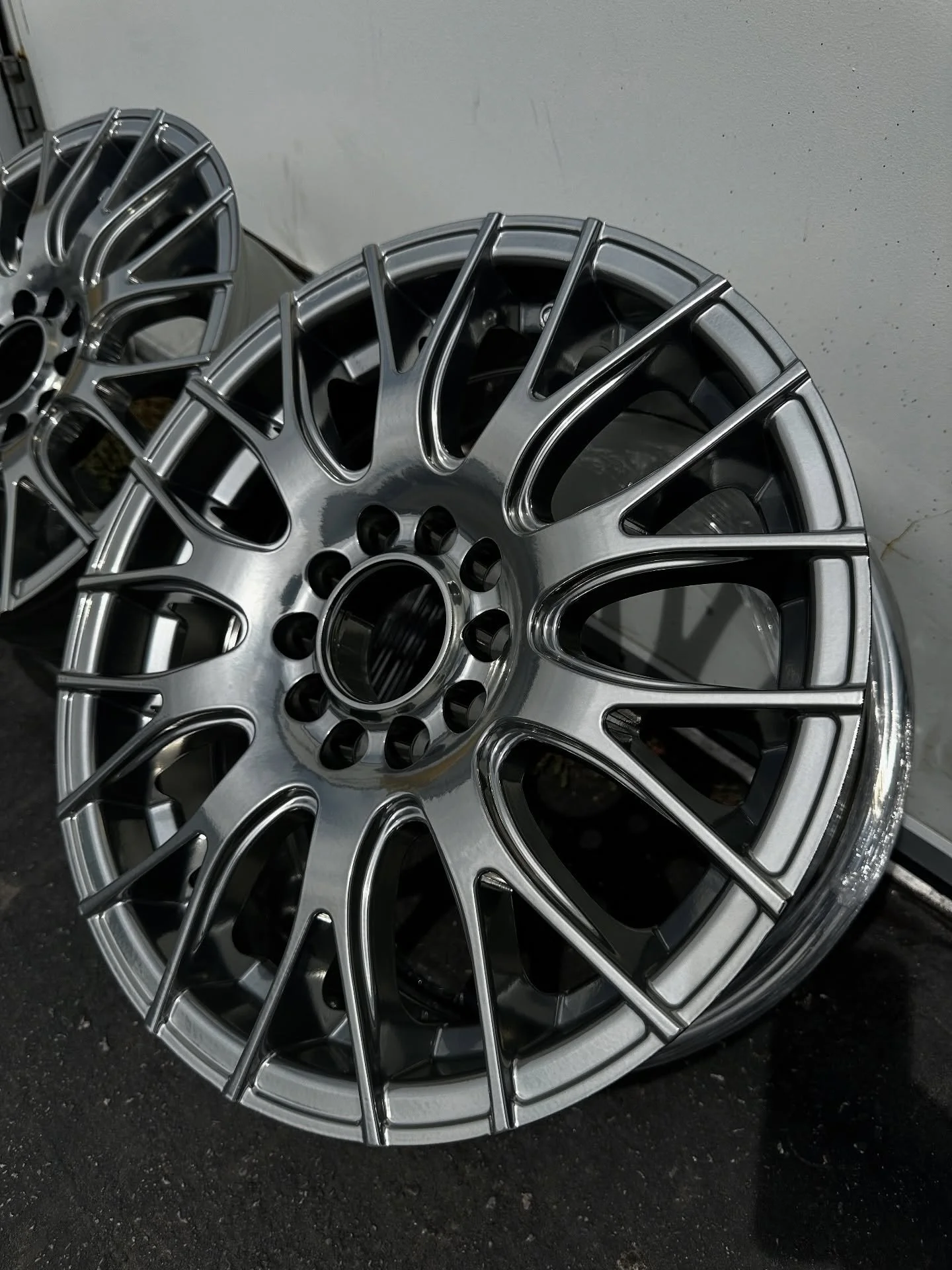 Super chrome powder under a gloss clear coat is as bright as it gets! New-in-box wheels in for a cooor change before going on the car. Love it.