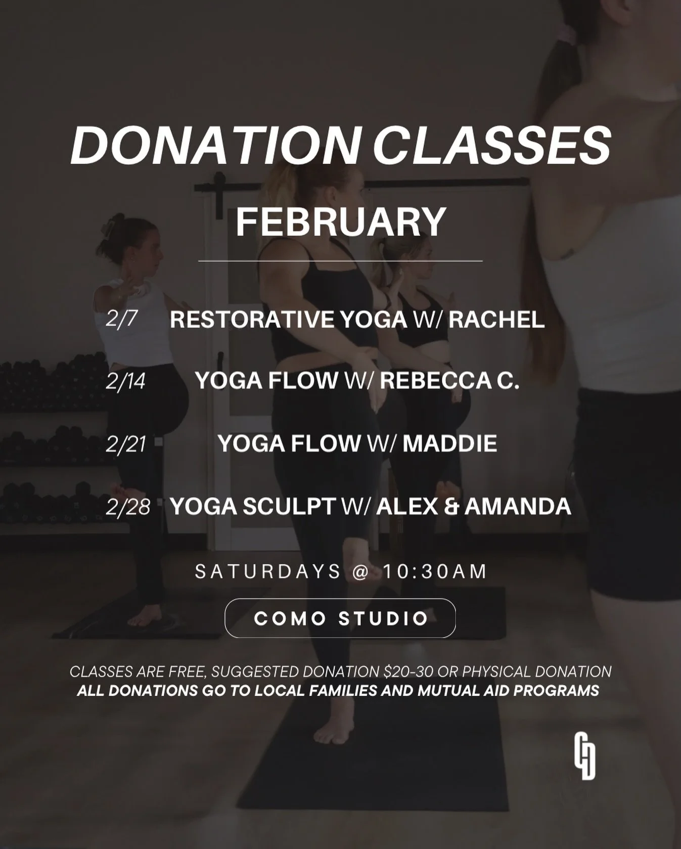 February Donation Classes ❤️

Starting this coming weekend 2/7, we will hold a weekly free, donation class on Saturdays at 10:30am @ our Como Ave studio.

Each week we&rsquo;ll have a different instructor, with varying formats and suggested donation 