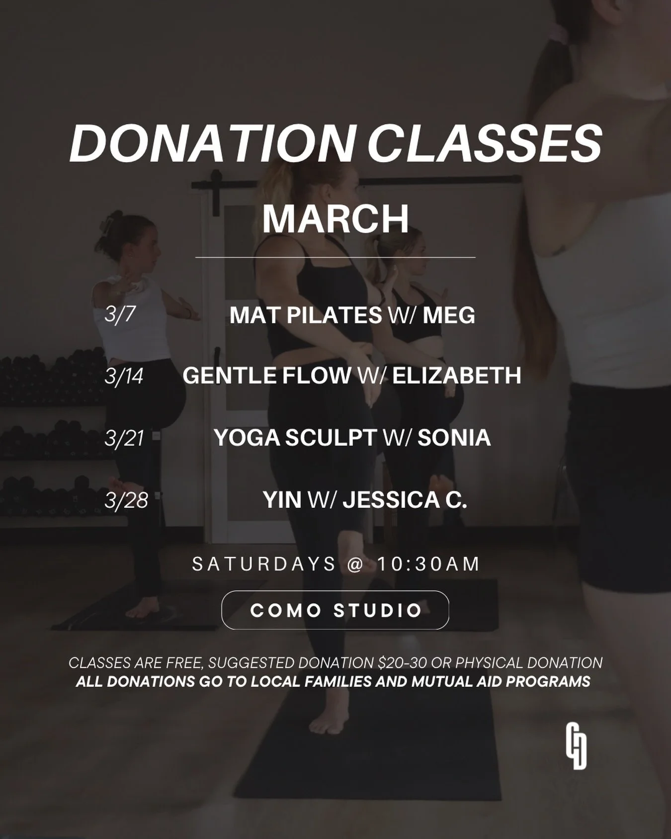 March Donation Classes ❤️

Continuing through this month, we will hold a weekly free, donation class on Saturdays at 10:30am @ our Como Ave studio.
Each week we&rsquo;ll have a different instructor, with varying formats and suggested donation spots f