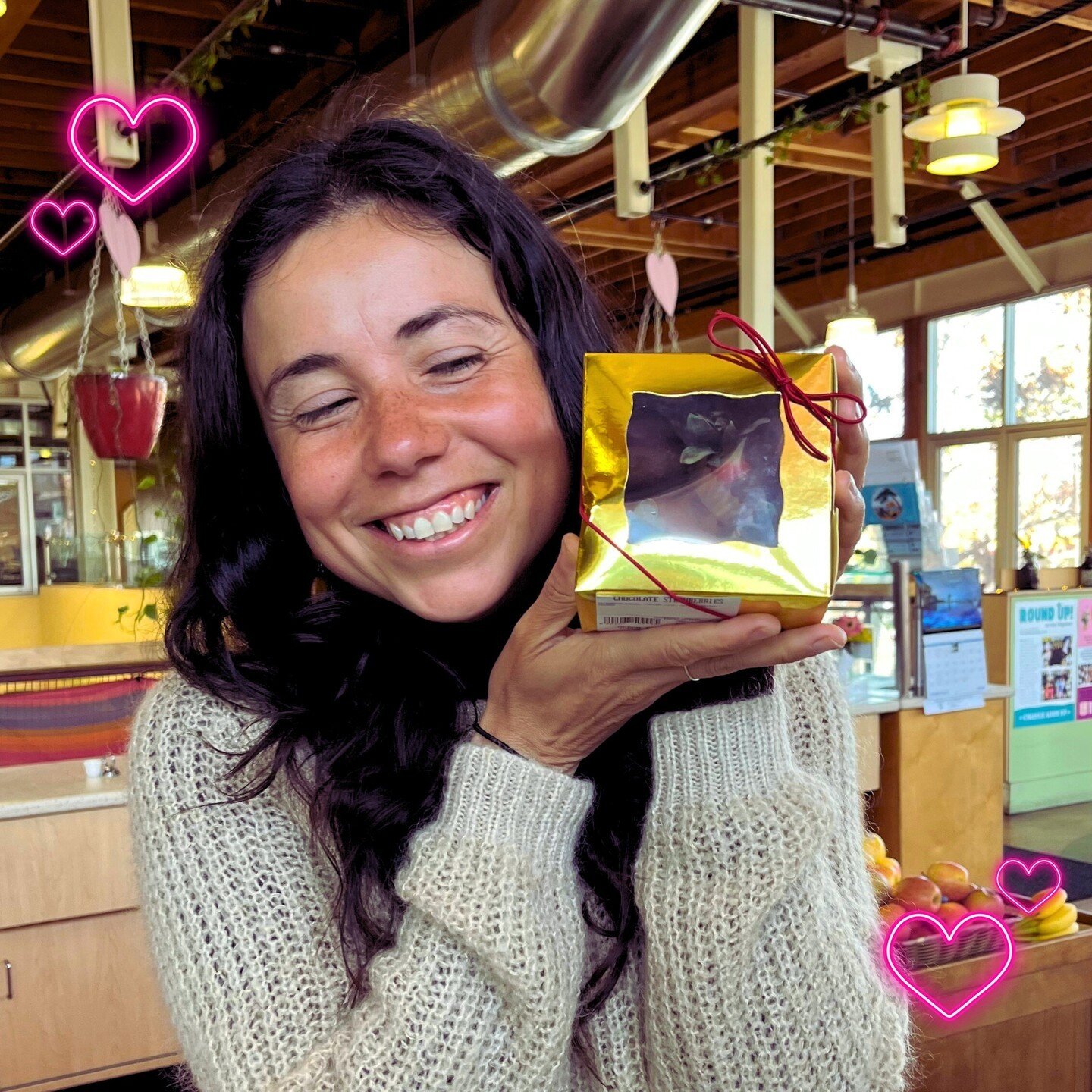 a happy co-op customer with a box of our Deli's freshly made chocolate covered strawberries! Happy Valentine's Day everyone!⁠
Stop by the co-op for a myriad of valentine's specials, sales &amp; freebies, plus live music tonight!⁠
&hearts;️ Shop today