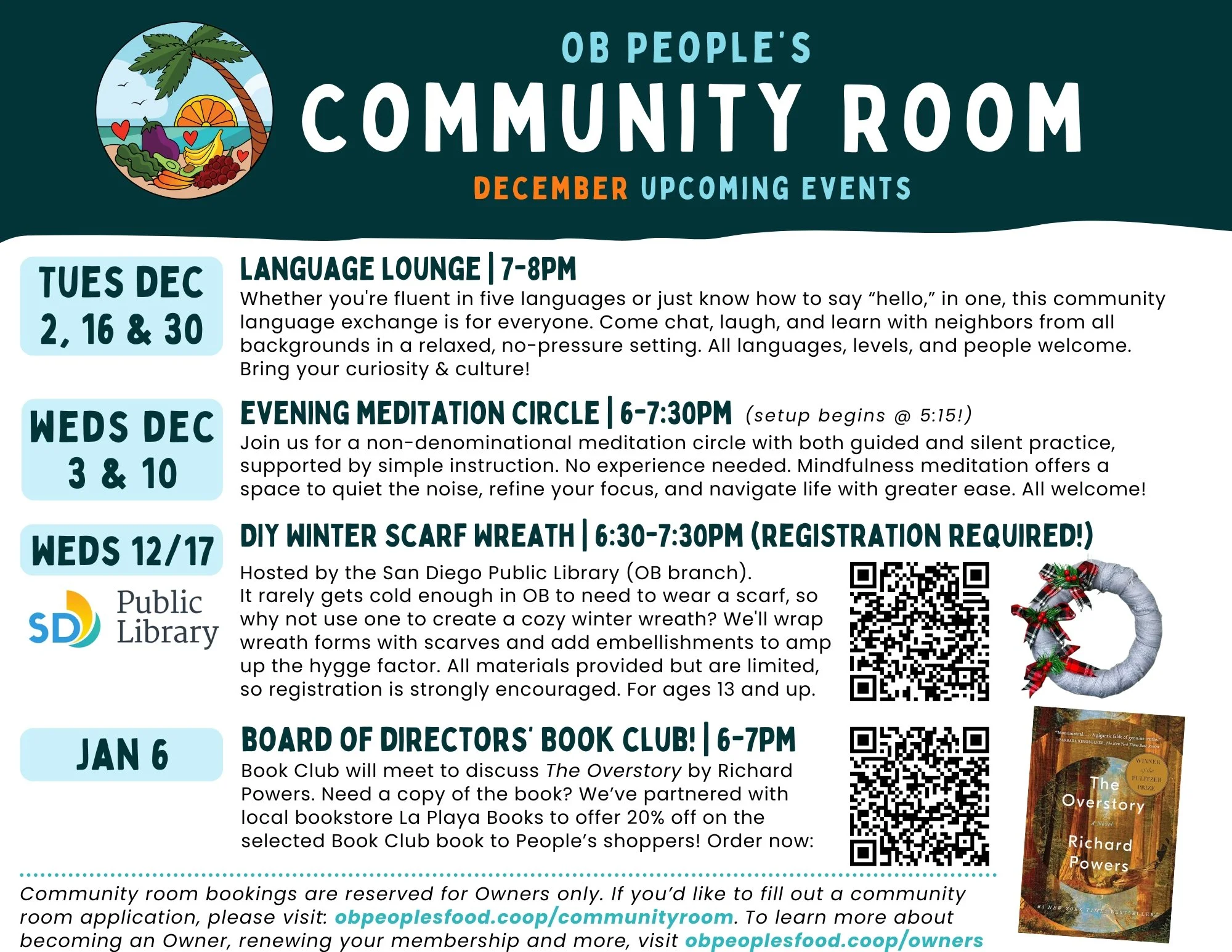 A community event flyer for OB People's Community Room in December. It details upcoming activities including a language lounge on December 2, 16, and 30, an evening meditation circle on December 3 and 10, a DIY winter scarf wreath event on December 17 with registration, and a book club meeting on January 6. The flyer features logos of a fruit basket and the San Diego Public Library, QR codes for registration, and an image of the book 'The Overstory' by Richard Powers.